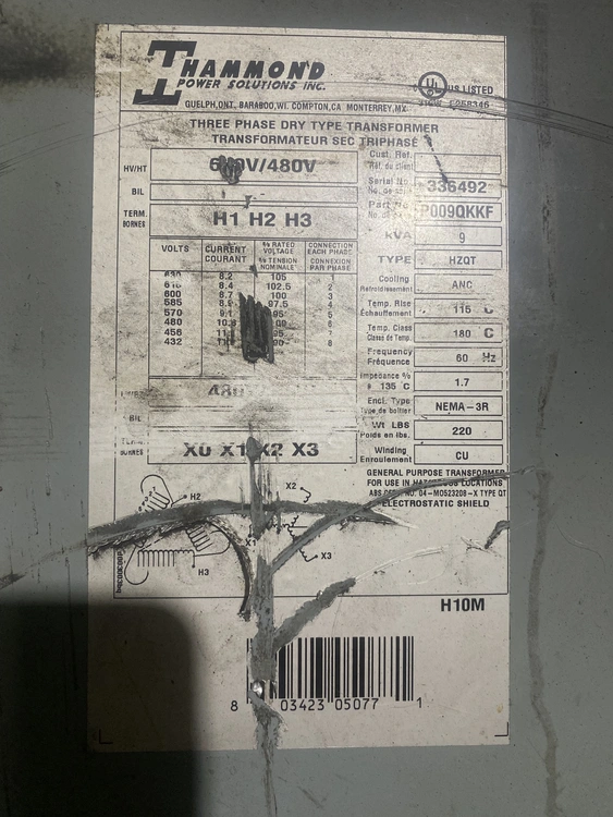 Hammond Power Solutions - P009QKKF Transformer 600/480V - 480Y/277V, 9kVA USED - Image 4