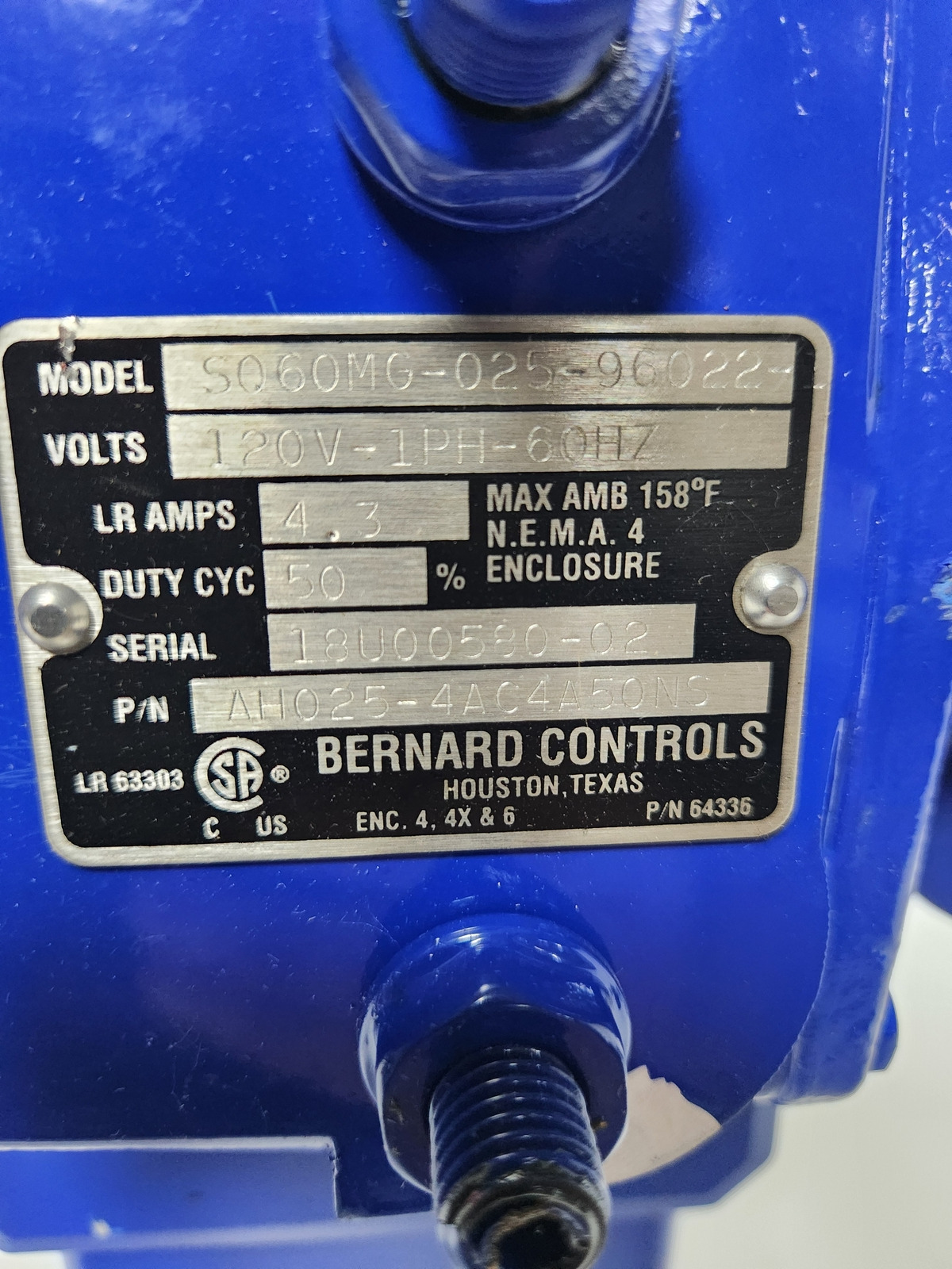 BERNARD WELDING PN: AH025-4AC4A50NS ELECTRIC ACTUATOR NNB 3