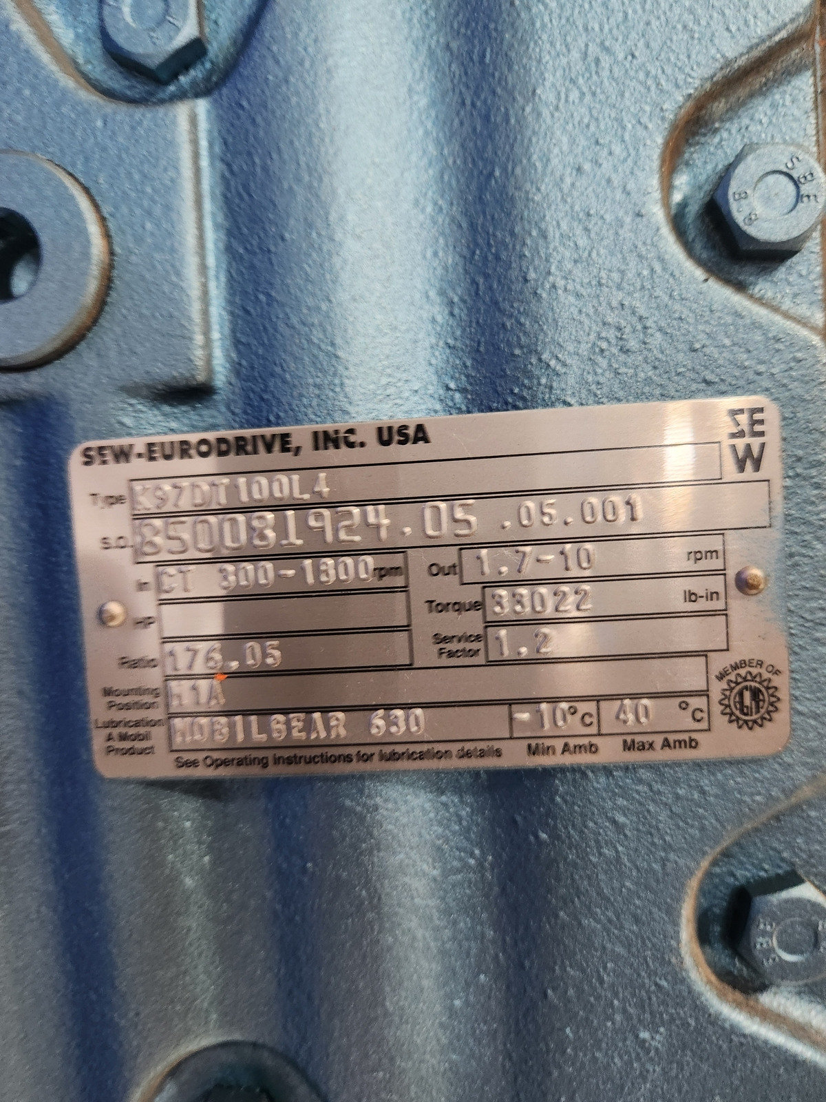 SEW EURODRIVE GEARMOTOR DFT100L4 K97DT100L4 USED 1