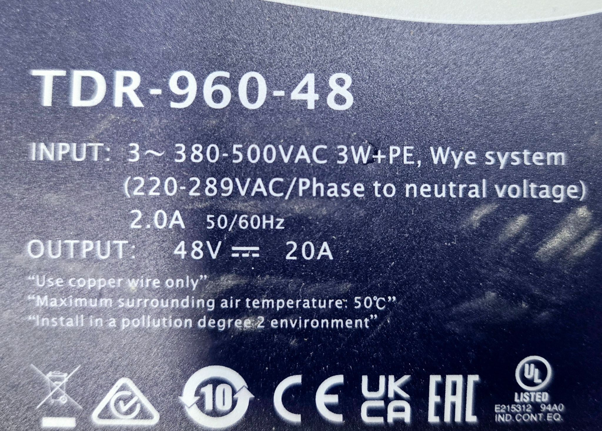 MEAN WELL TDR-960-48 3 PHASE POWER SUPPLY USED 2