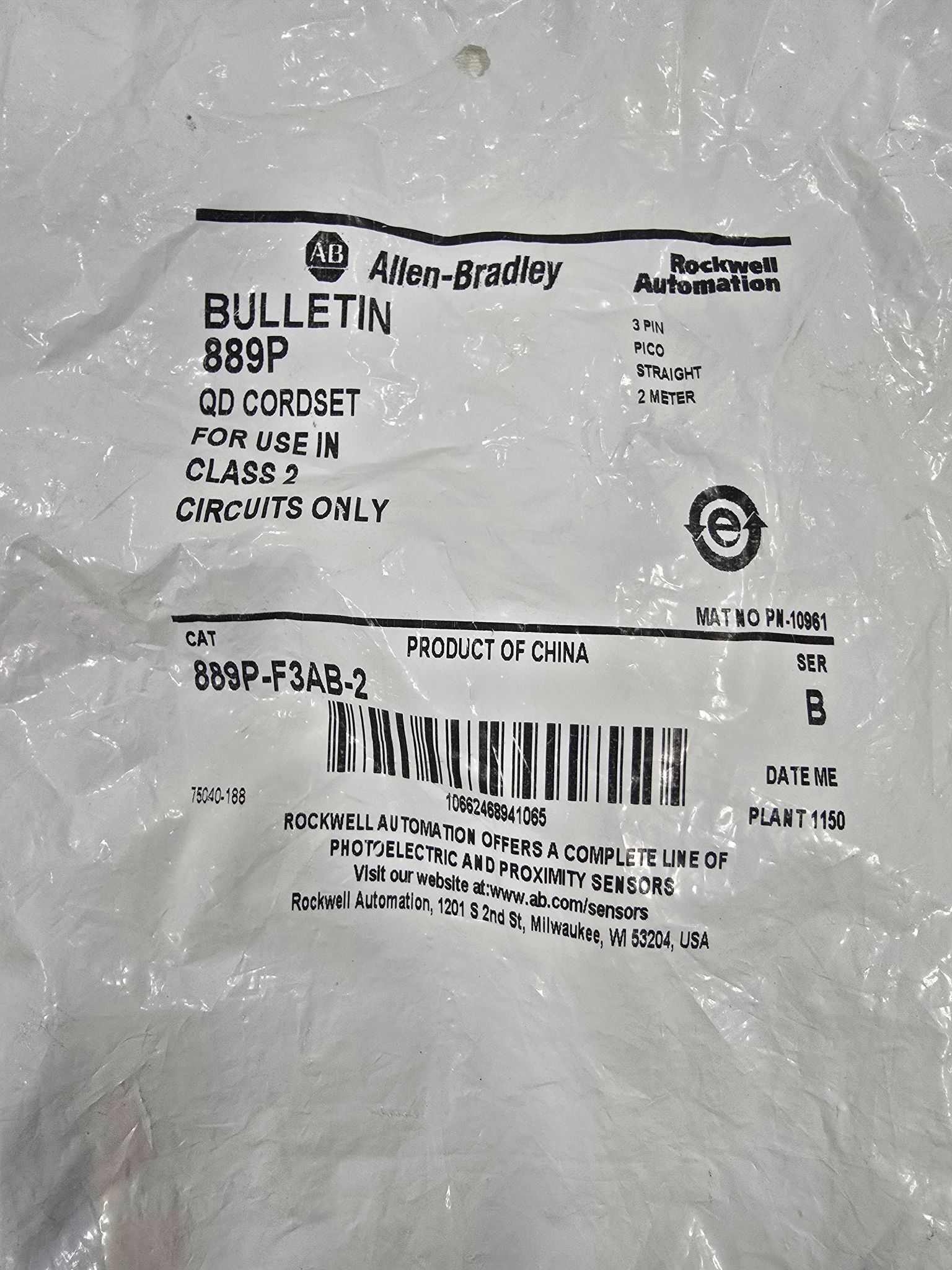 ALLEN BRADLEY 889P-F3AB-2 3 PIN CABLE NEW 1