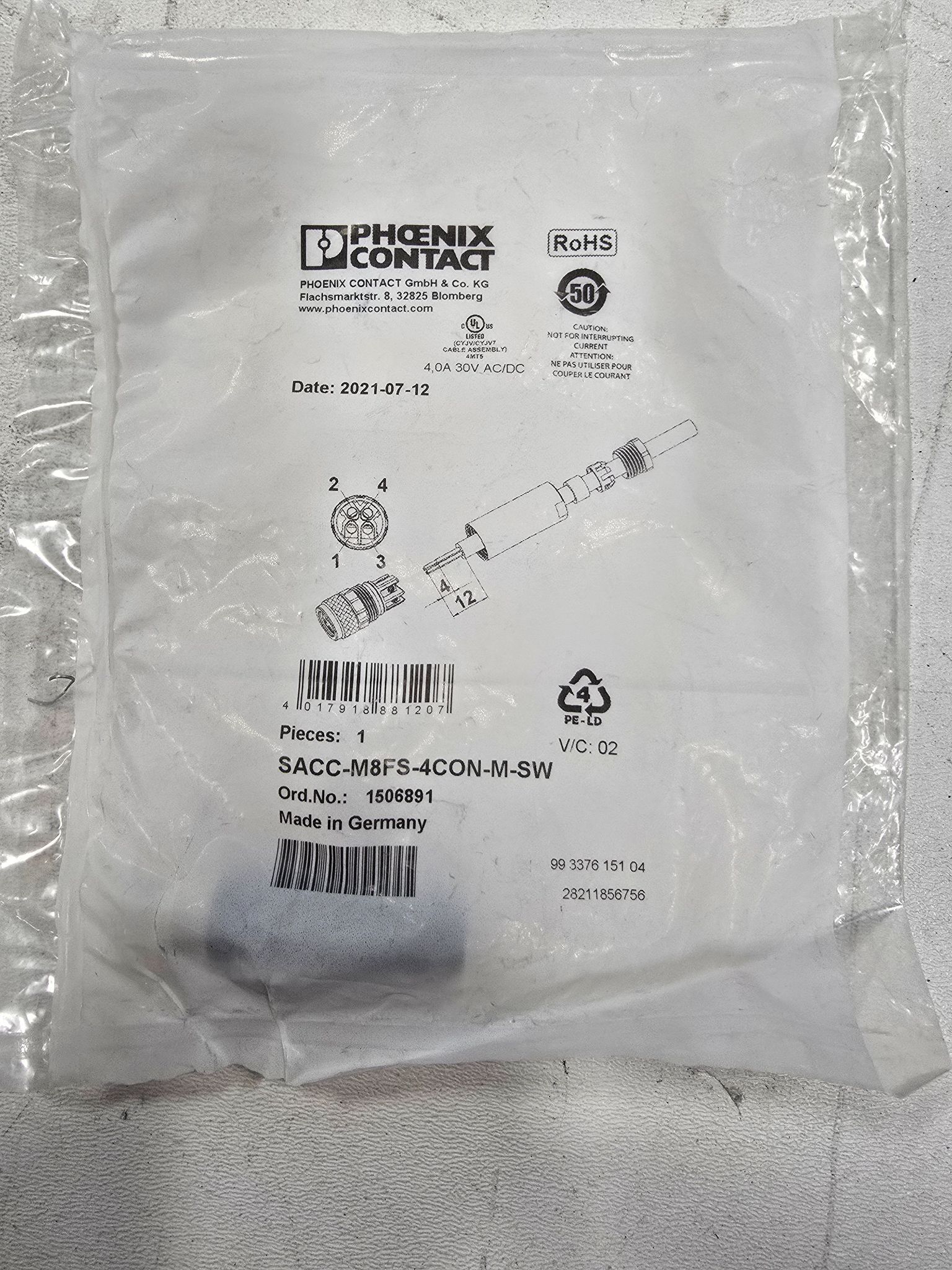 PHOENIX CONTACT SACC-M8FS-3CON-M-SW CONNECTOR NEW 0
