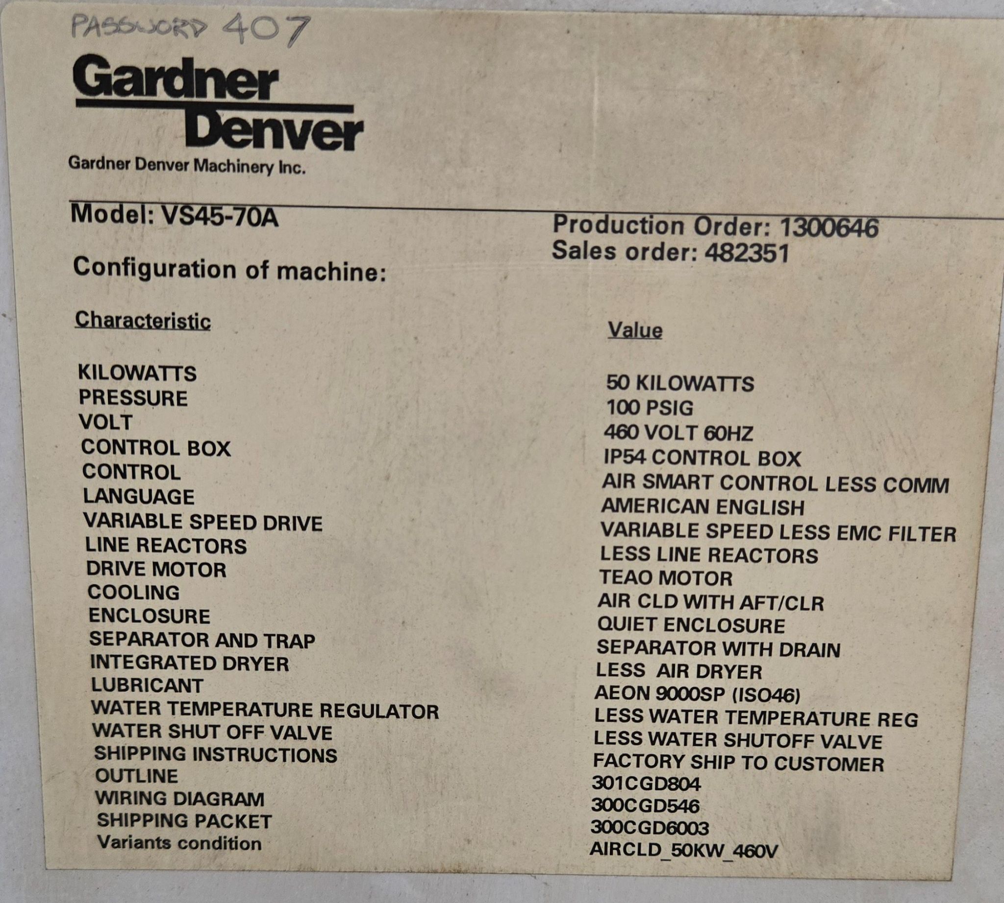GARDNER DENVER VS45-70A OIL FREE ROTARY SCREW AIR 100 PSIG COMPRESSOR USED 7
