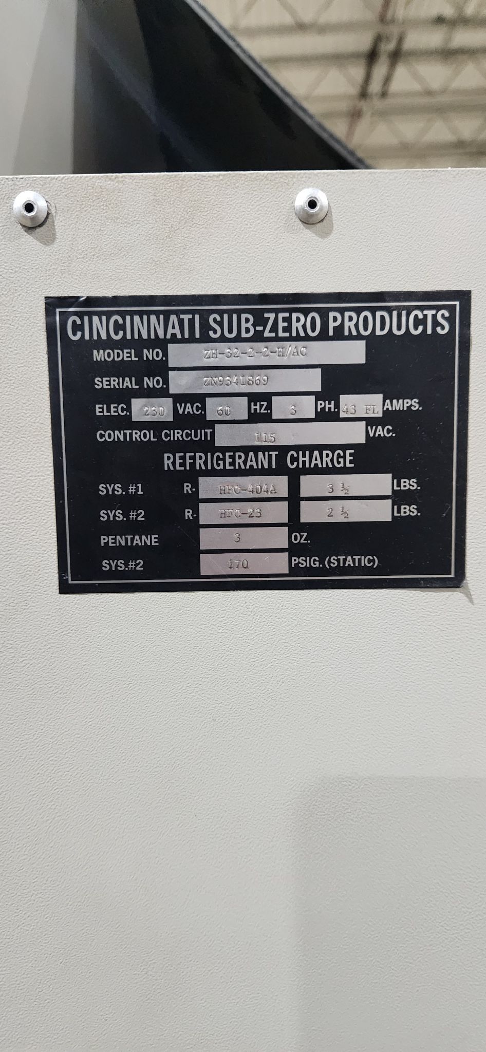 CINCINNATI SUB ZERO ZH-32-2-2-H/AC USED 230V 2