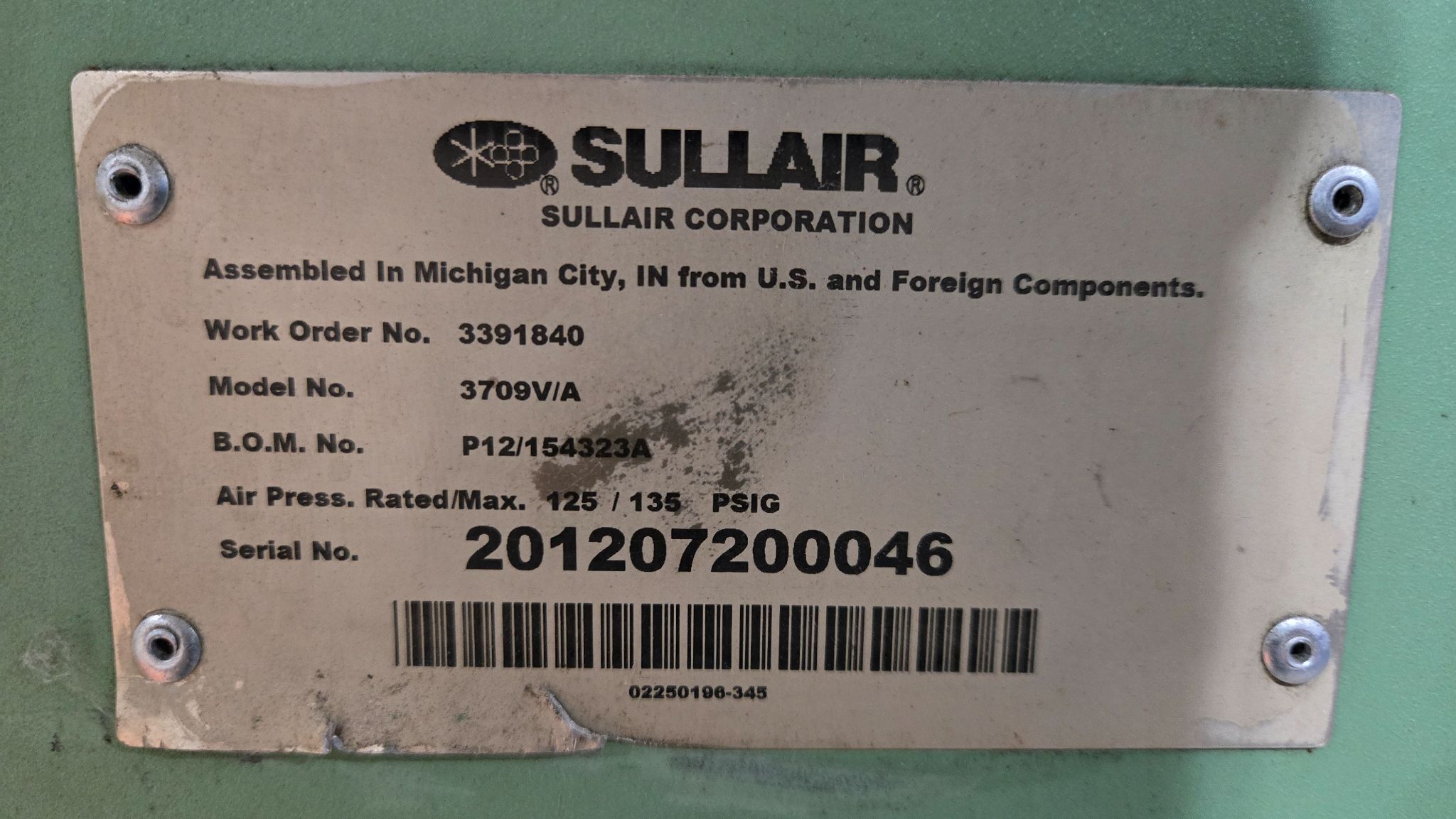 SULLAIR 3709V/A 125PSI 50HP AIR COMPESSOR USED 11