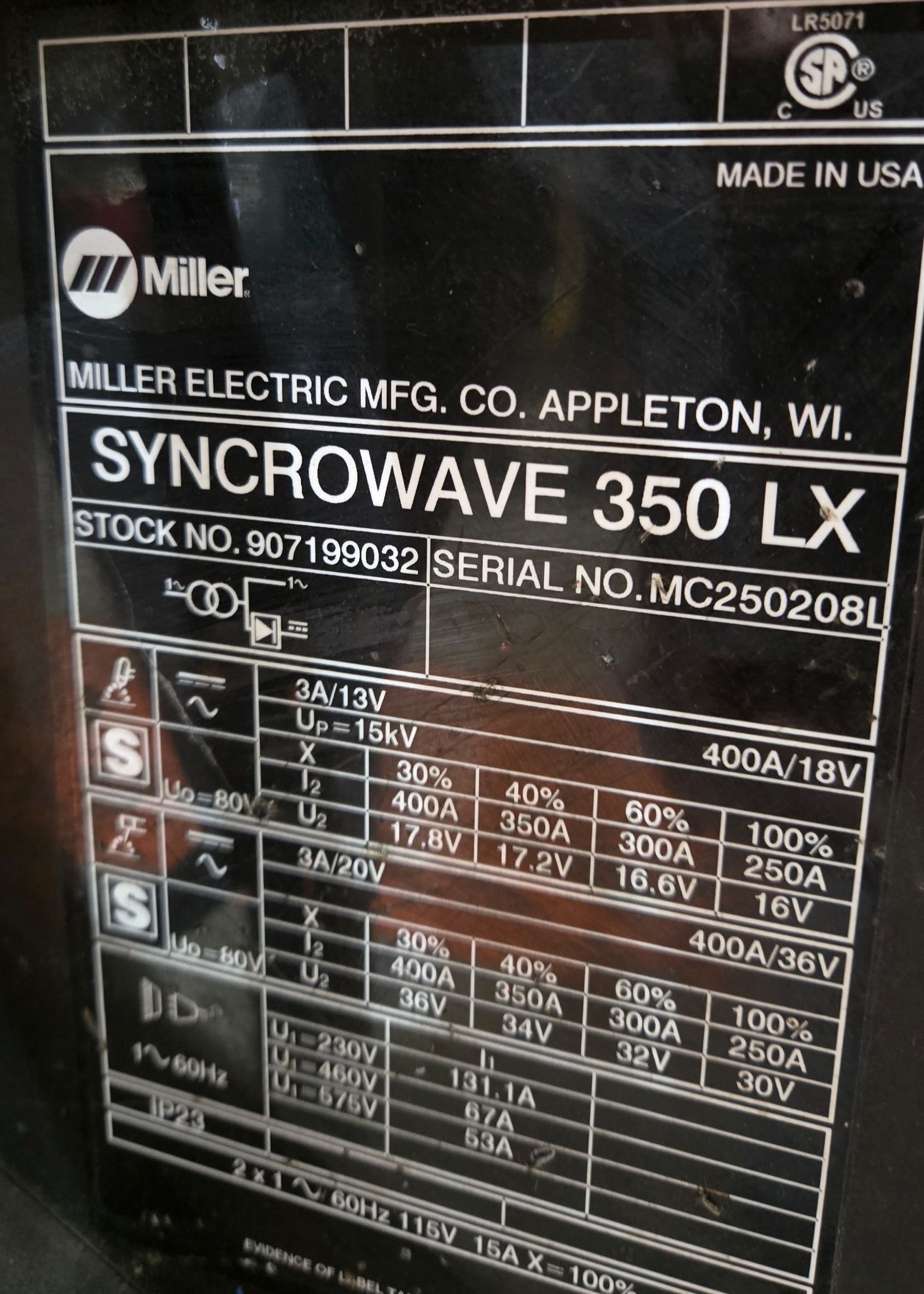 MILLER SYNCROWAVE 350 LX TIG WELDER USED 8