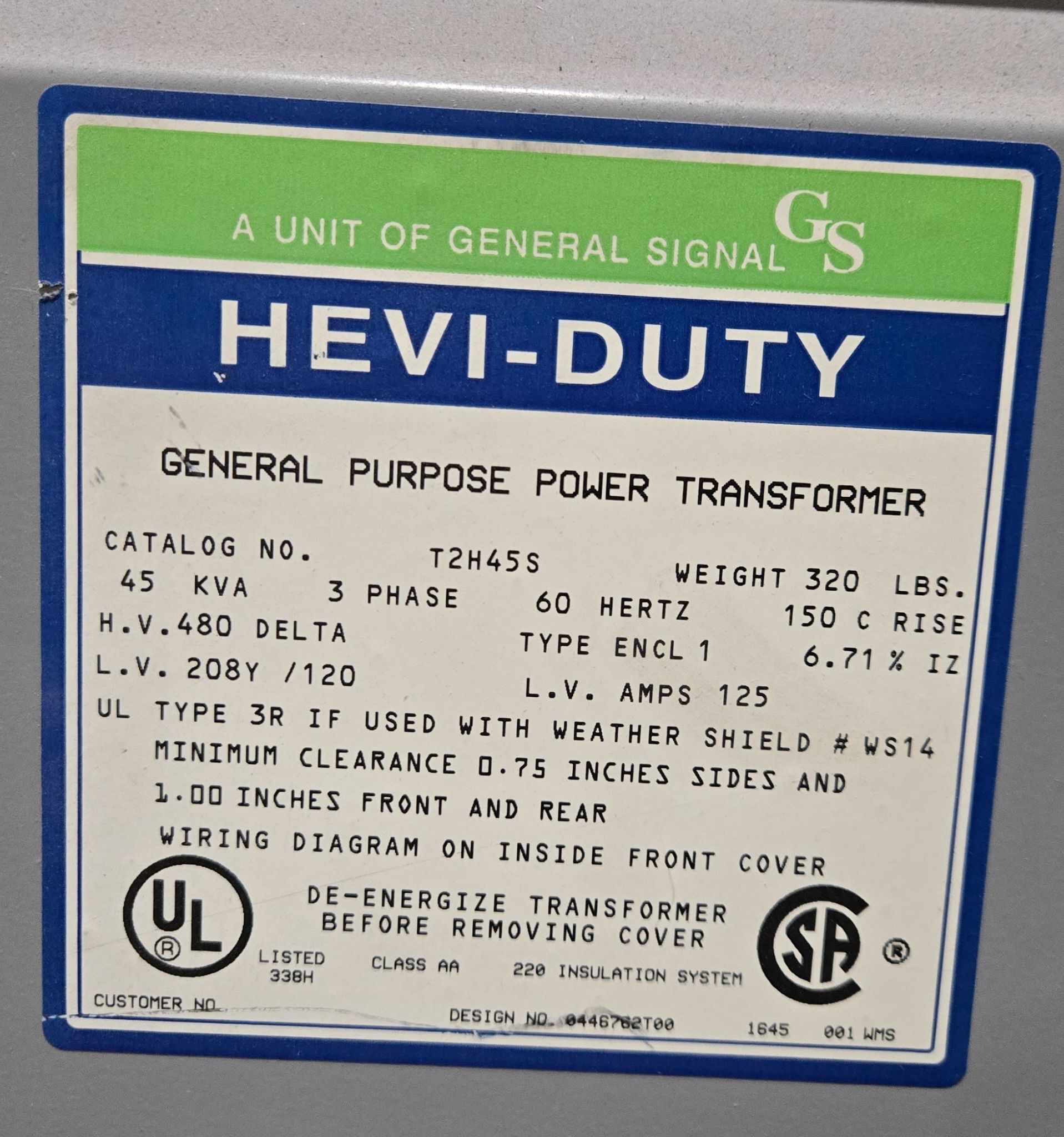 HEVI DUTY T2H45S 45KVA 480V/208Y-120 TRANSFORMER USED 2