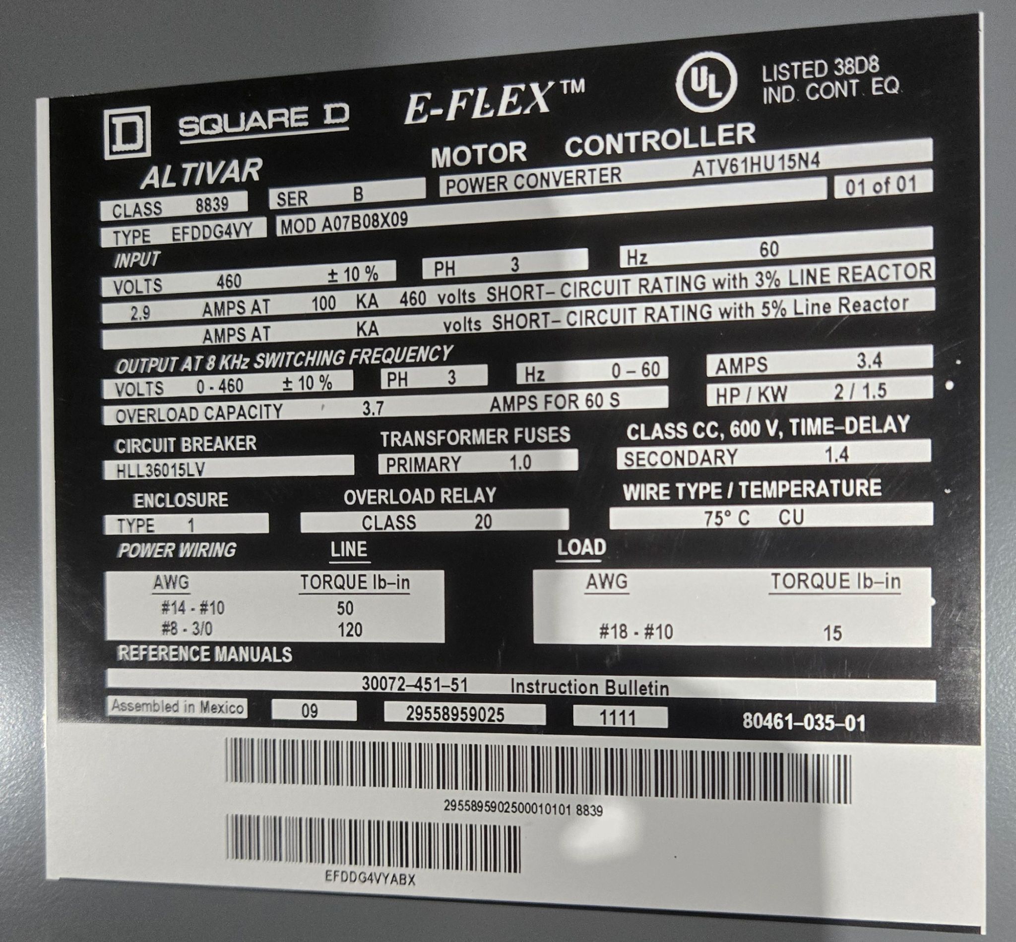 SQUARE D ALTIVAR CLASS 8839 EFDDG4VT E-FLEX VARIABLE SPEED DRIVE 460V C USED 6