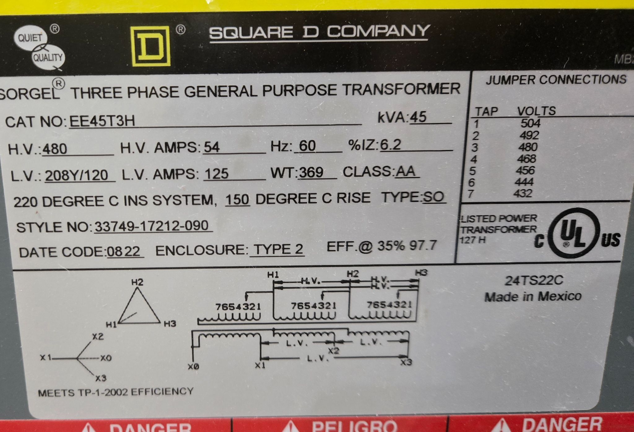 SQUARE D EE45T3H 45KVA 480V/208Y-120 TRANSFORMER USED 2