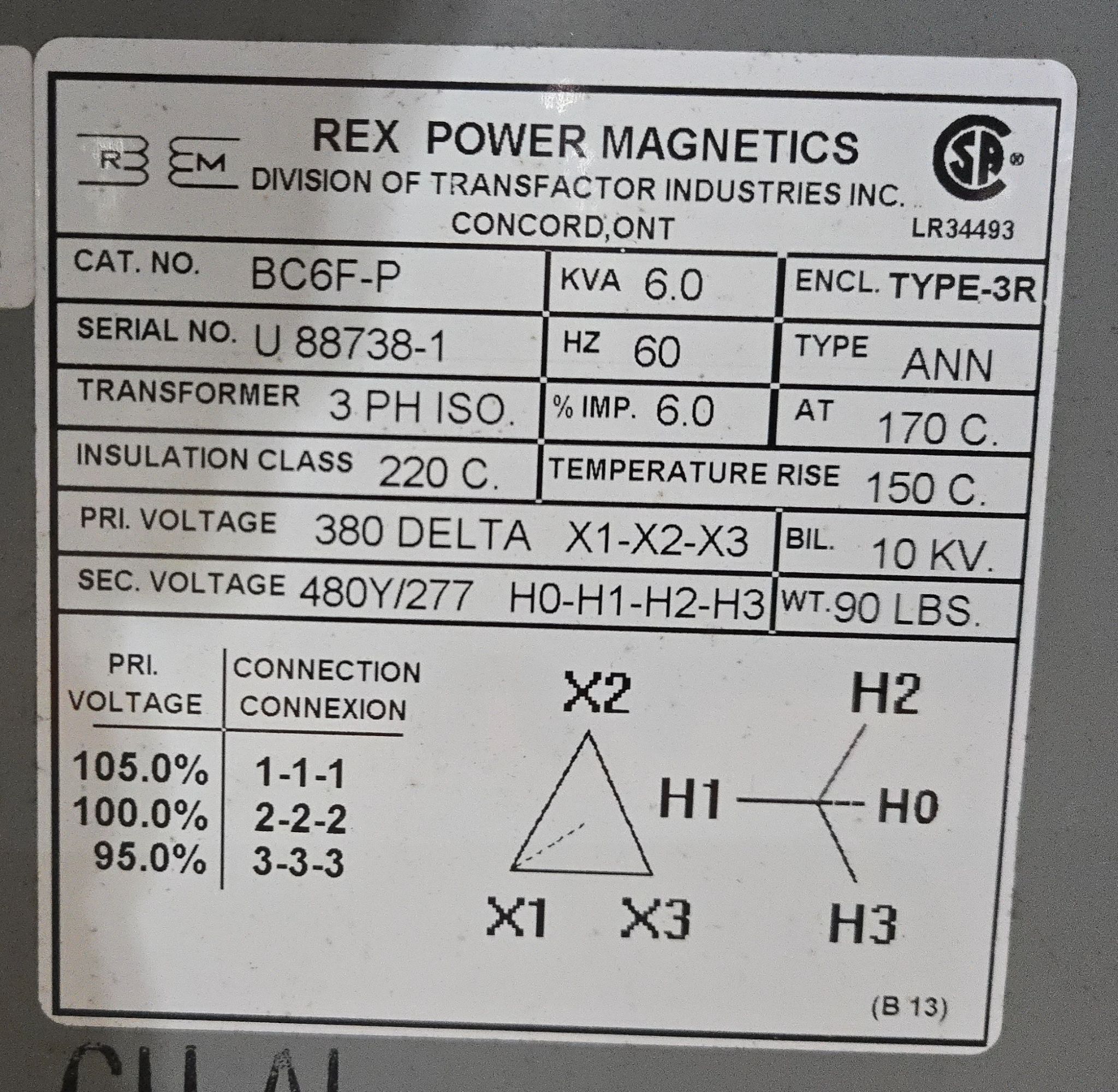 REX POWER MAGNETICS BC6F-P 6 KVA 380V TRANSFORMER USED 3