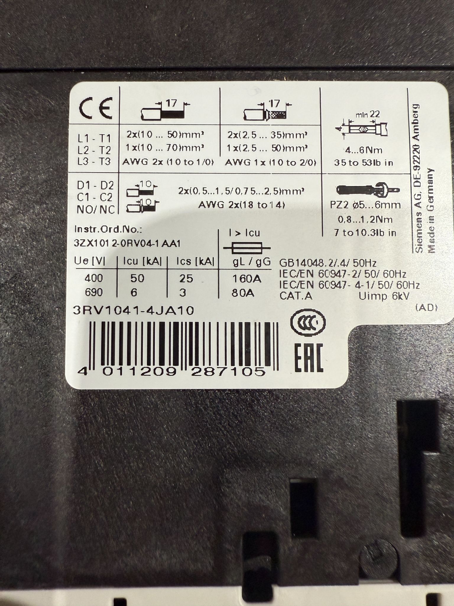 SIEMENS 3RV1041-4JA10 CIRCUIT BREAKER NEW WITH BOX 4