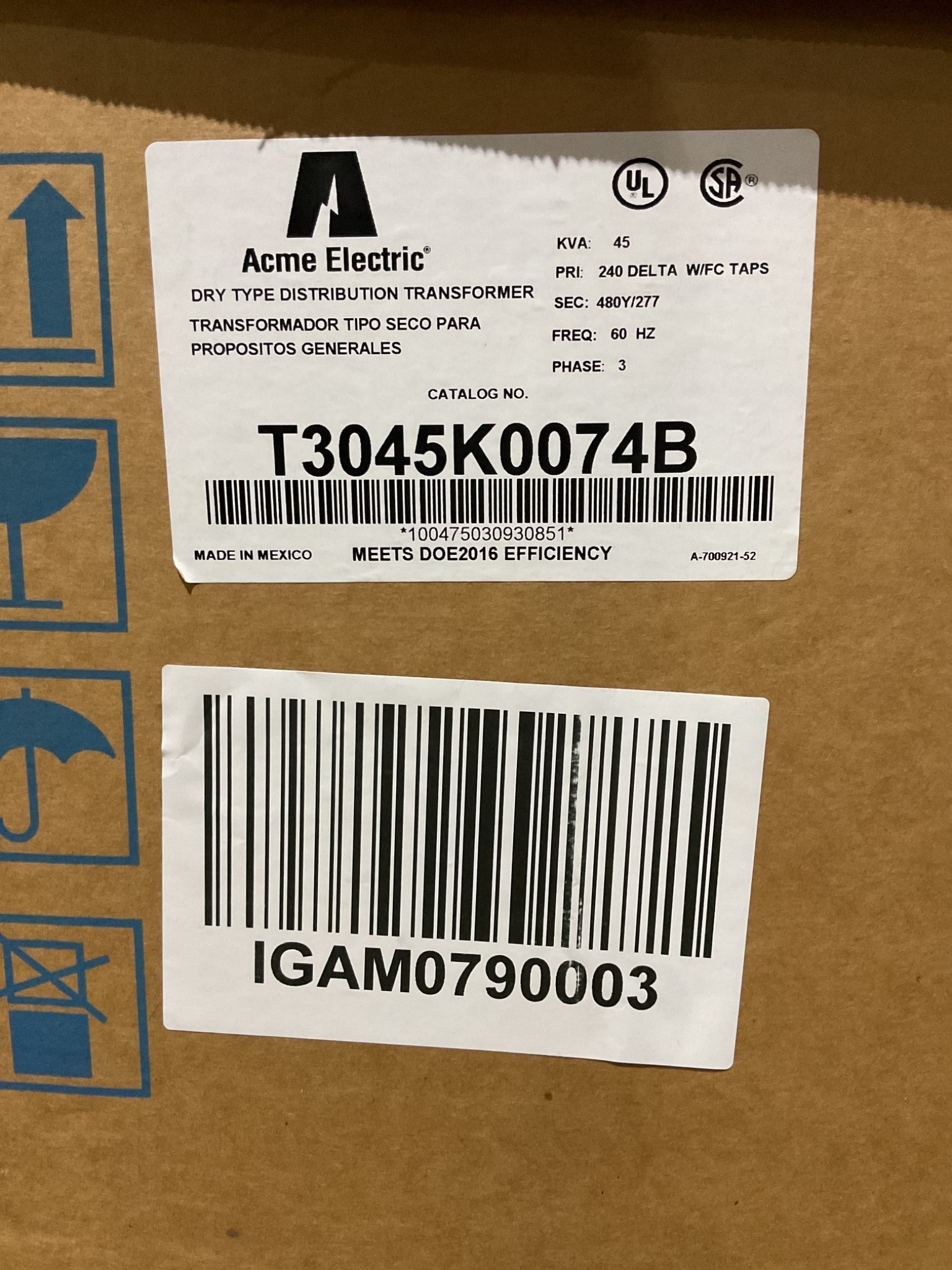 ACME TRANSFORMER T3045K0074B 45 KVA 240V/480Y/277 NEW IN BOX 1