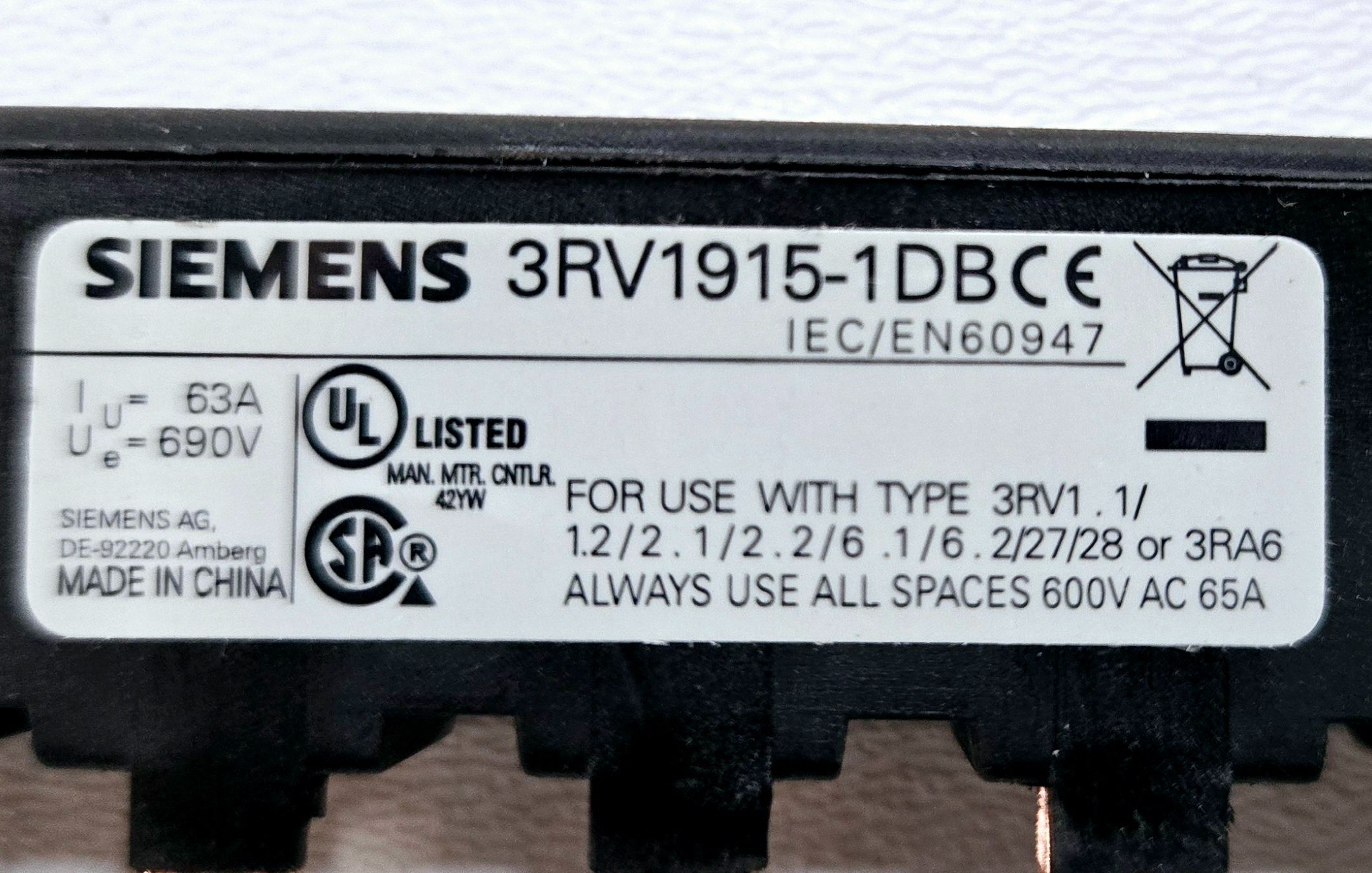 SIEMENS 3RV1915-1DB 3 PHASE BUSBAR USED 2