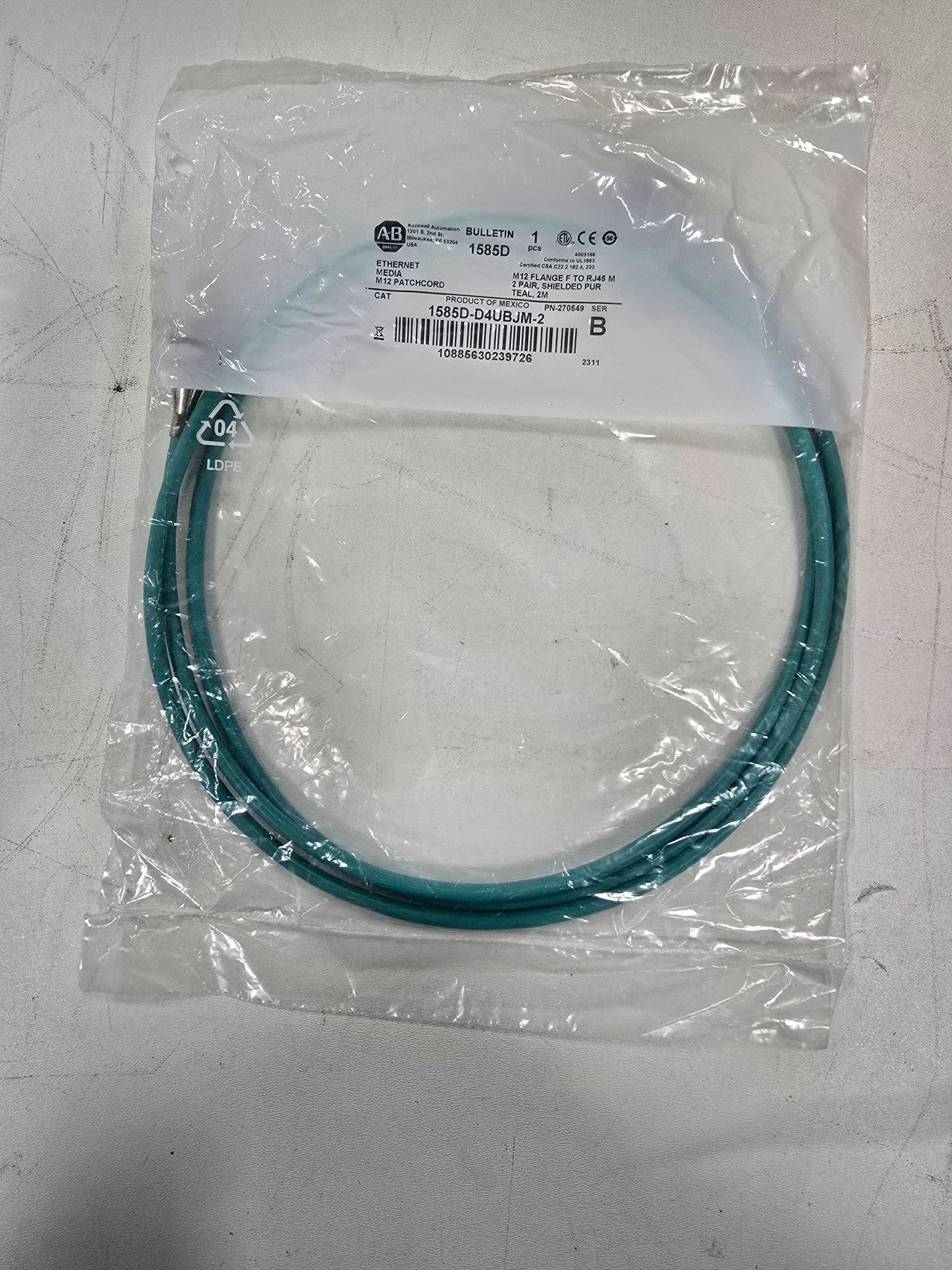 ALLEN BRADLEY 1585D-D4UBJM-2 ETHERNET MEDIA M12 PATCH CORD NEW 0