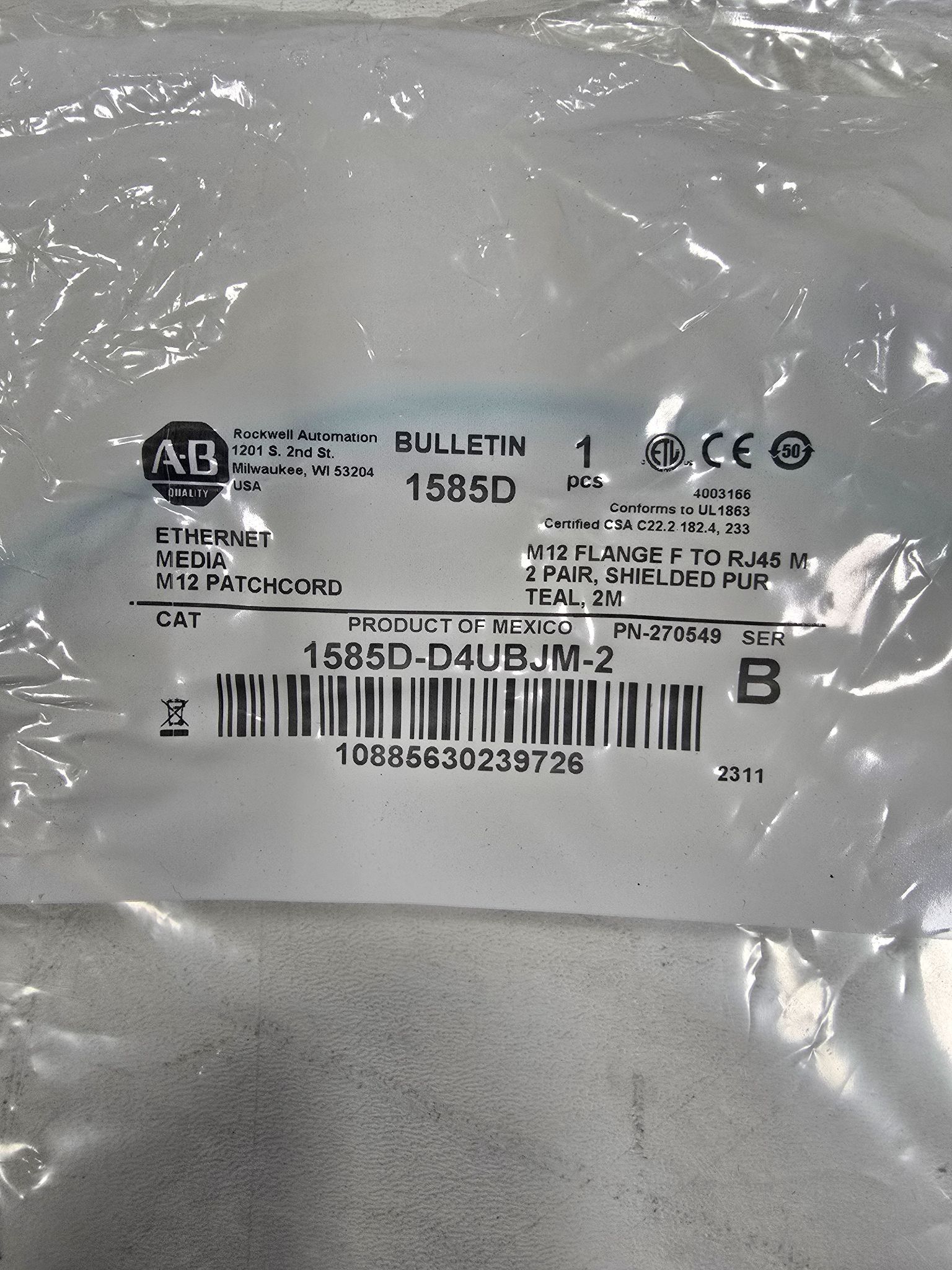 ALLEN BRADLEY 1585D-D4UBJM-2 ETHERNET MEDIA M12 PATCH CORD NEW 1