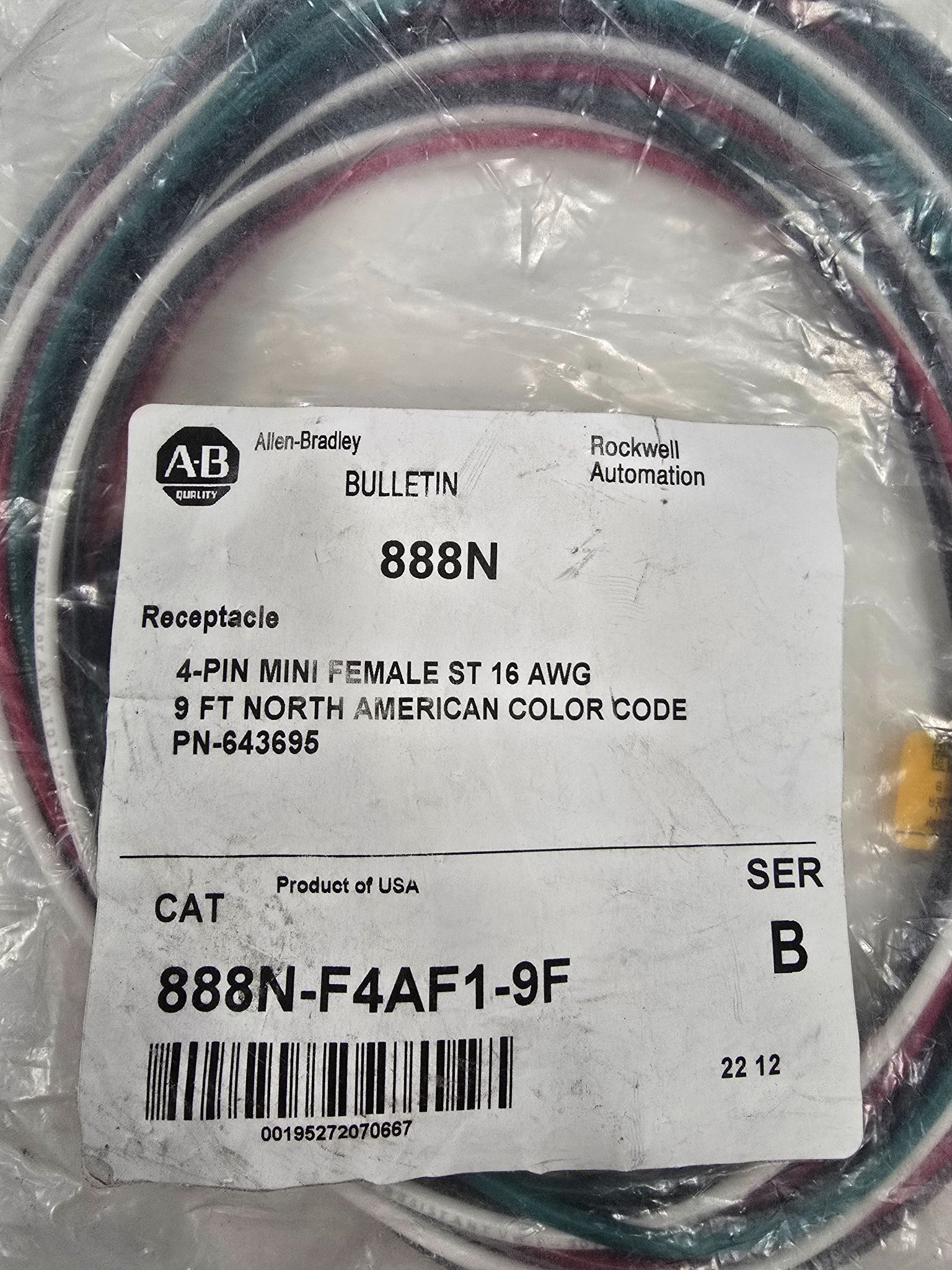ALLEN BRADLEY 888N-F4AF1-9F 4PIN MINI FEMALE ST 16AWG 9FT NEW 1