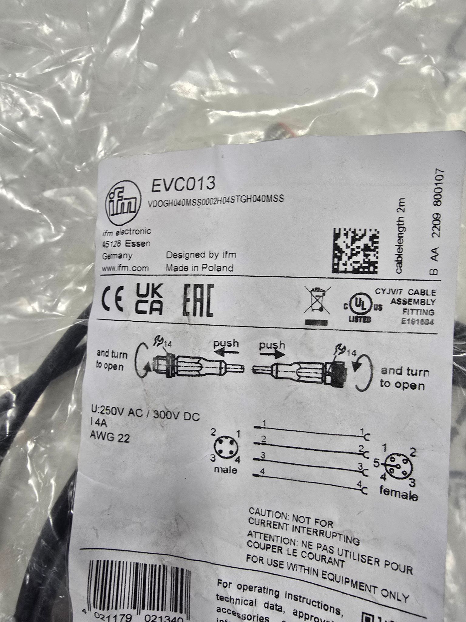 IFM EVC013 SENSOR CABLE NEW 1
