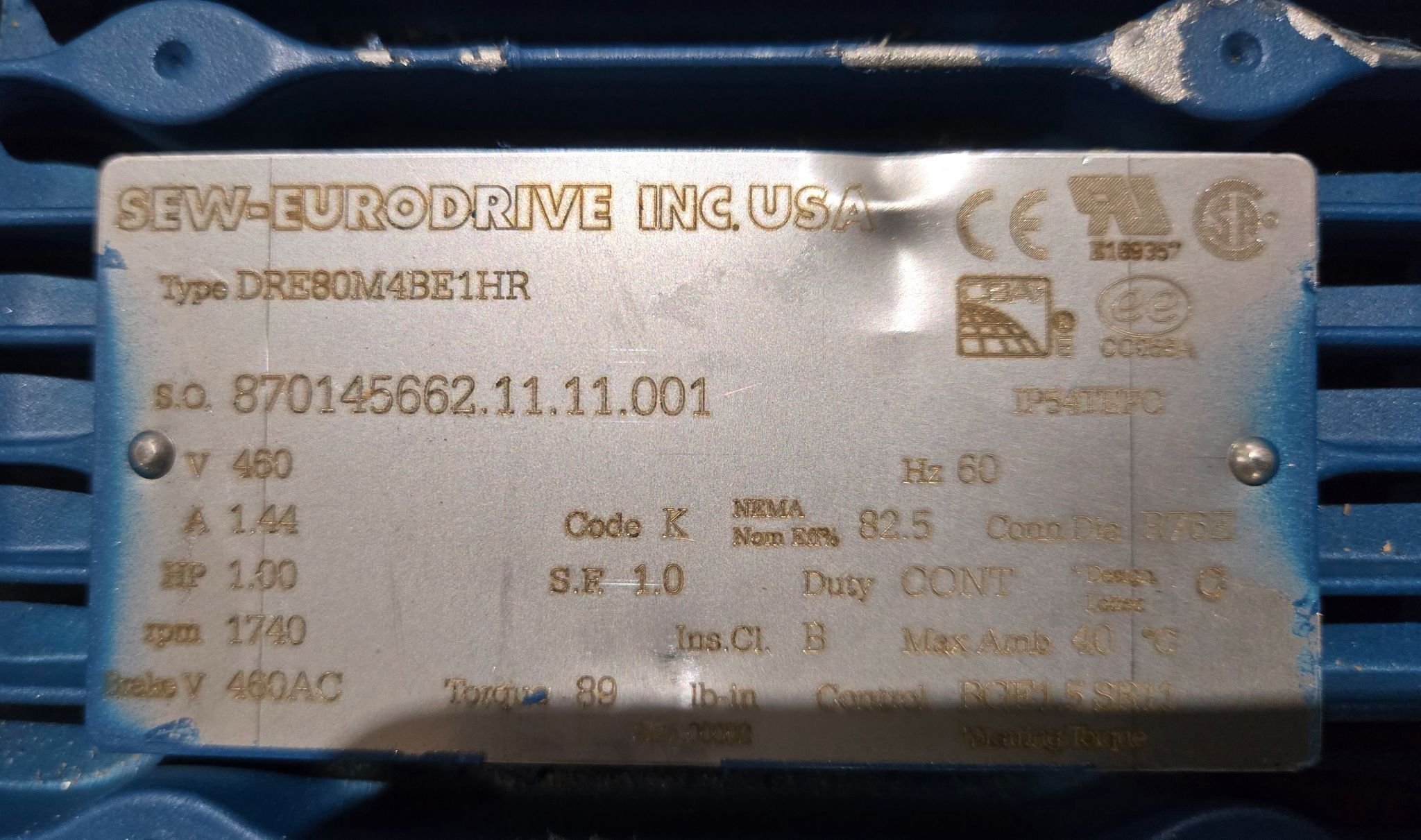 SEW EURODRIVE R147R77DRE80M4BE1HR GEARMOTOR USED 5