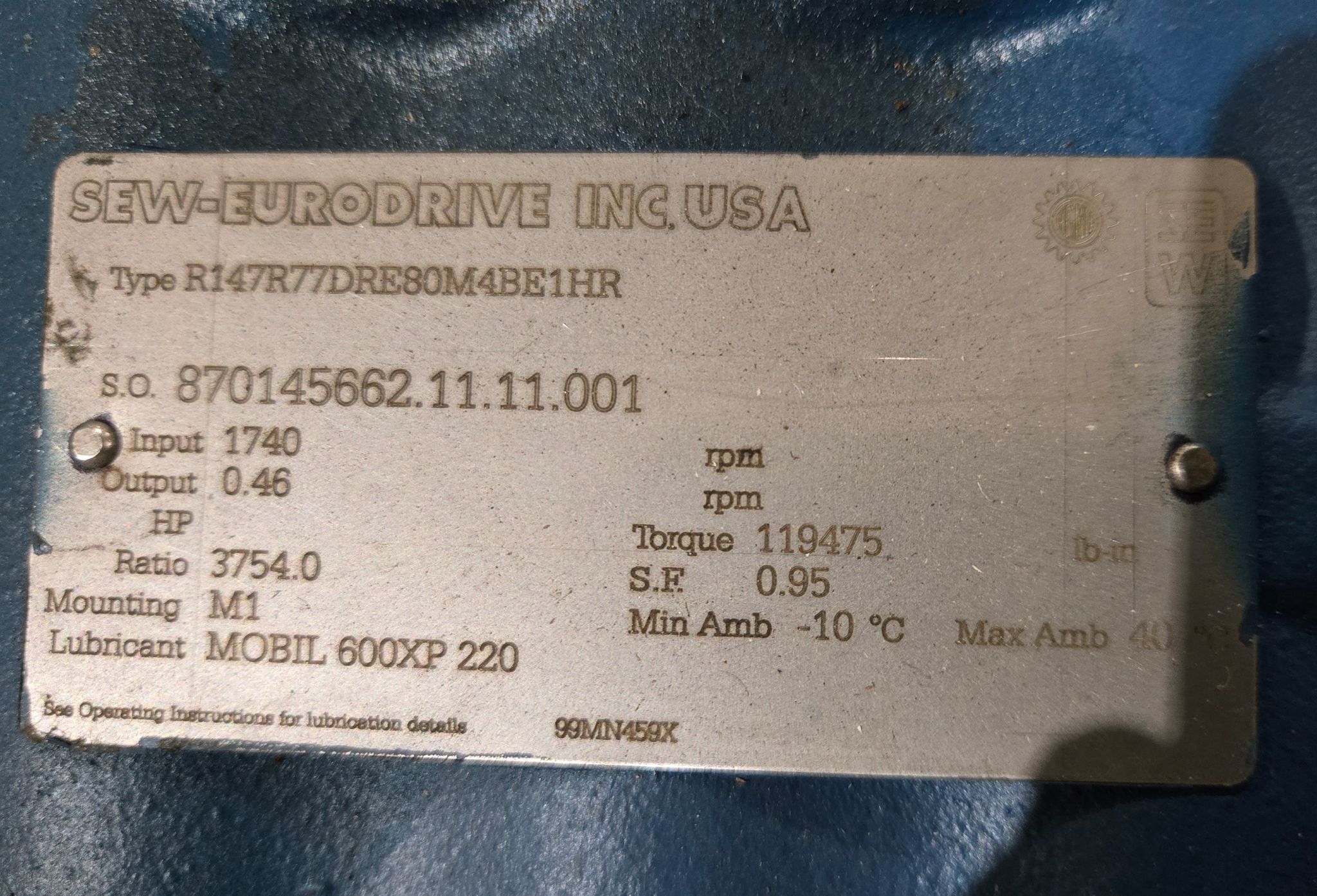 SEW EURODRIVE R147R77DRE80M4BE1HR GEARMOTOR USED 6