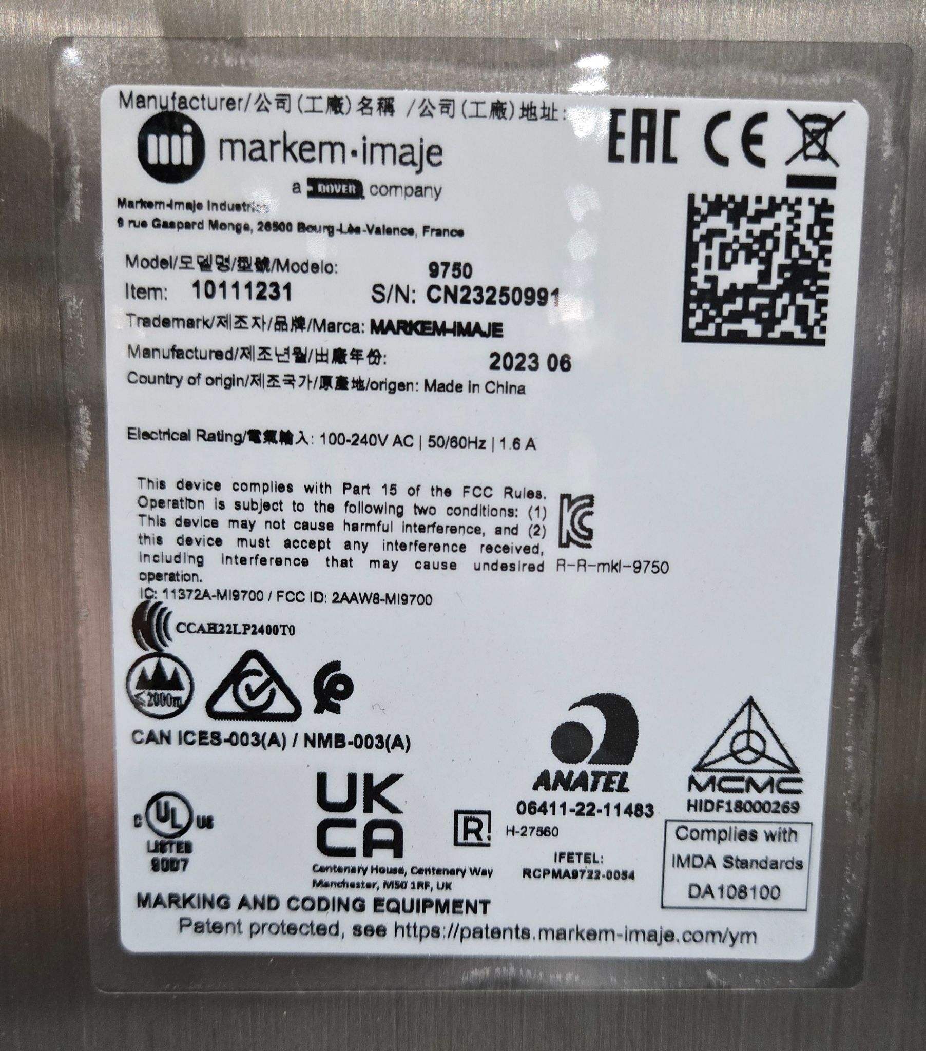 MARKEM IMAGE 9750 CONTINUOUS INKJET PRINTER USED 7