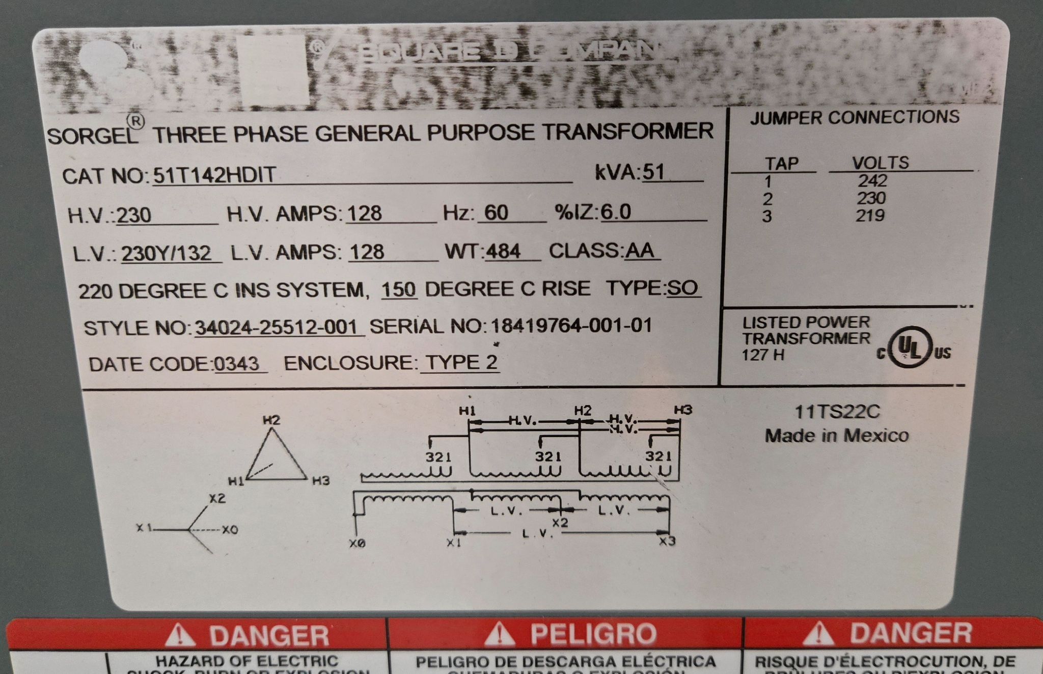 SQUARE D SORGEL 51T142HDIT 230V 51KVA TRANSFORMER USED 2
