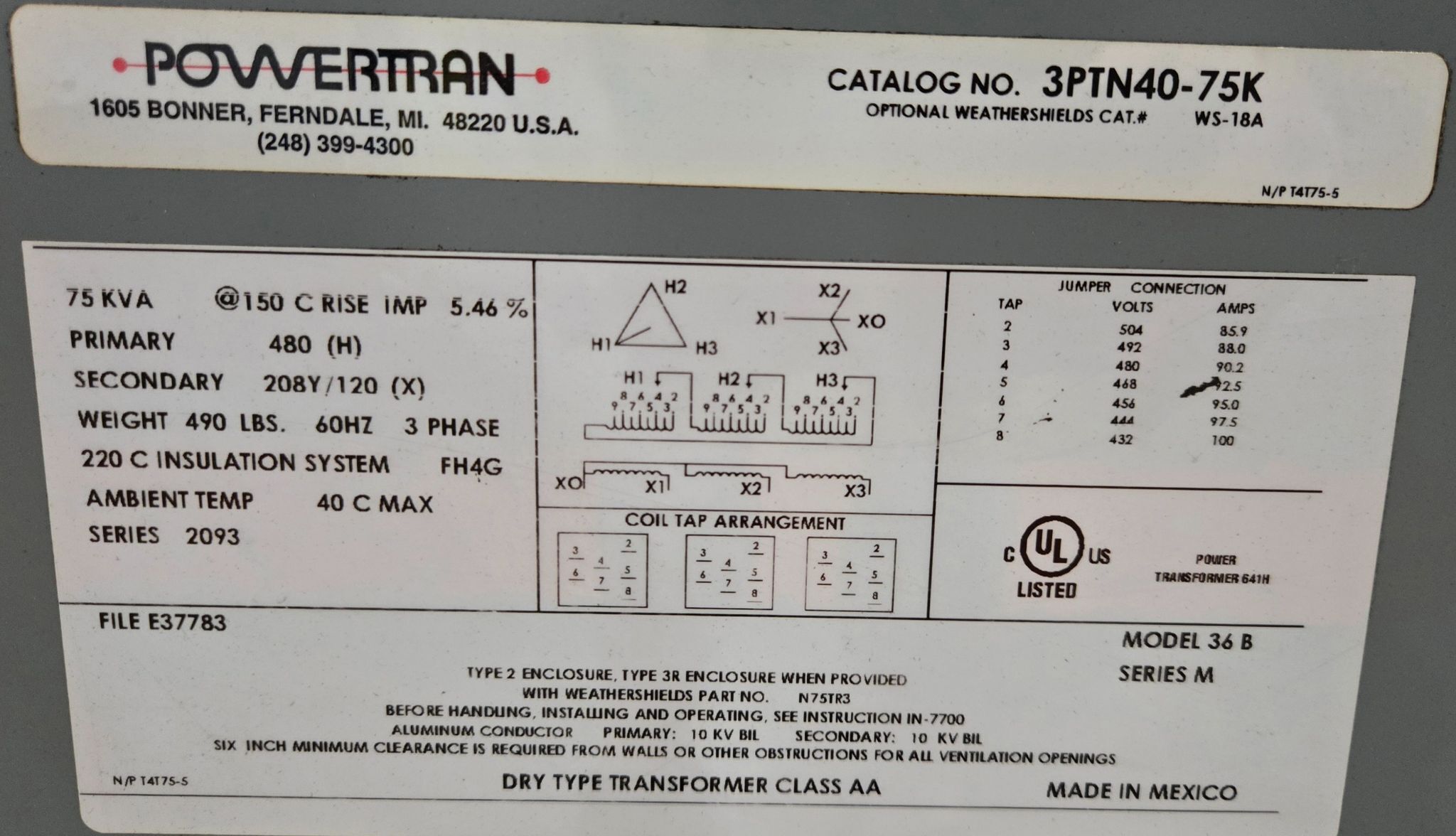 POWERTRAN 3PTN40-75K 480V 75KVA TRANSFORMER WITH DISCONNECT SWITCH 4