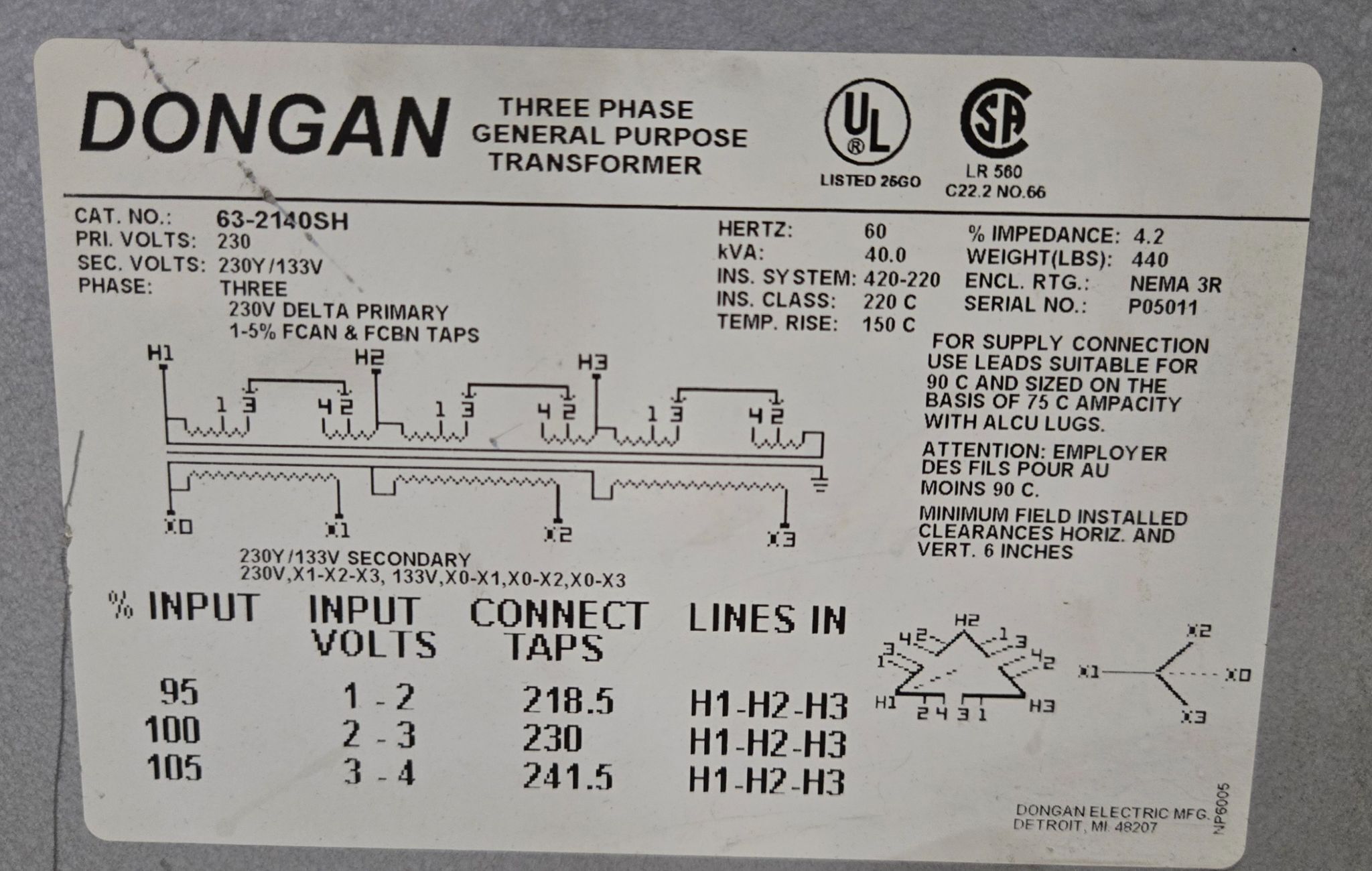 DONGAN 63-2140SH 230V 40KVA TRANSFORMER WITH DISCONNECT SWITCH USED 4