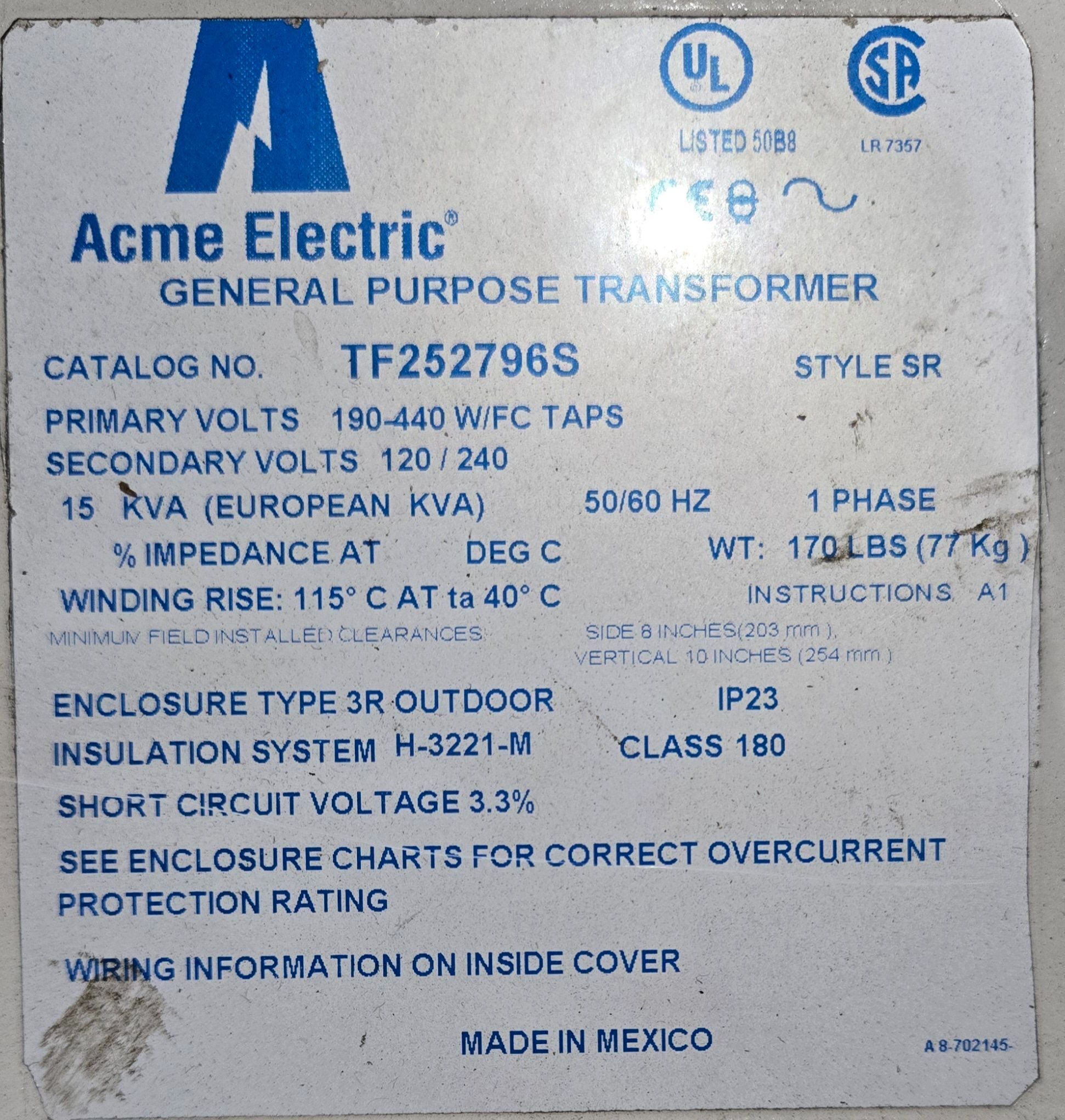 ACME ELECTRIC TF252796S 190-440V 15KVA TRANSFORMER USED 1