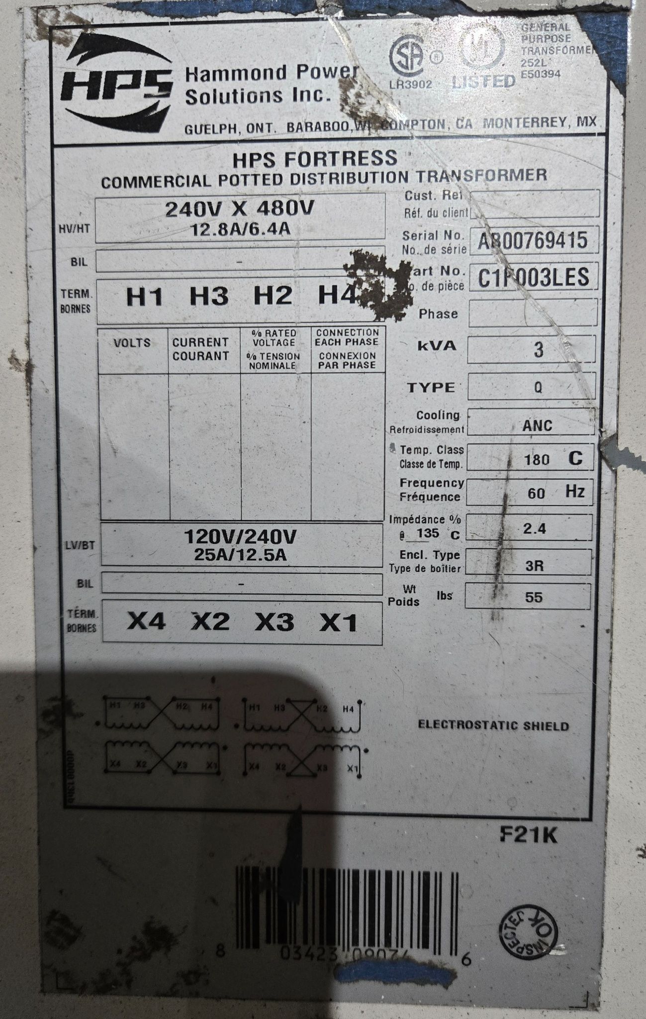 HAMMOND POWER SOLUTIONS C1P003LES 240X480V 3KVA TRANSFORMER USED 1