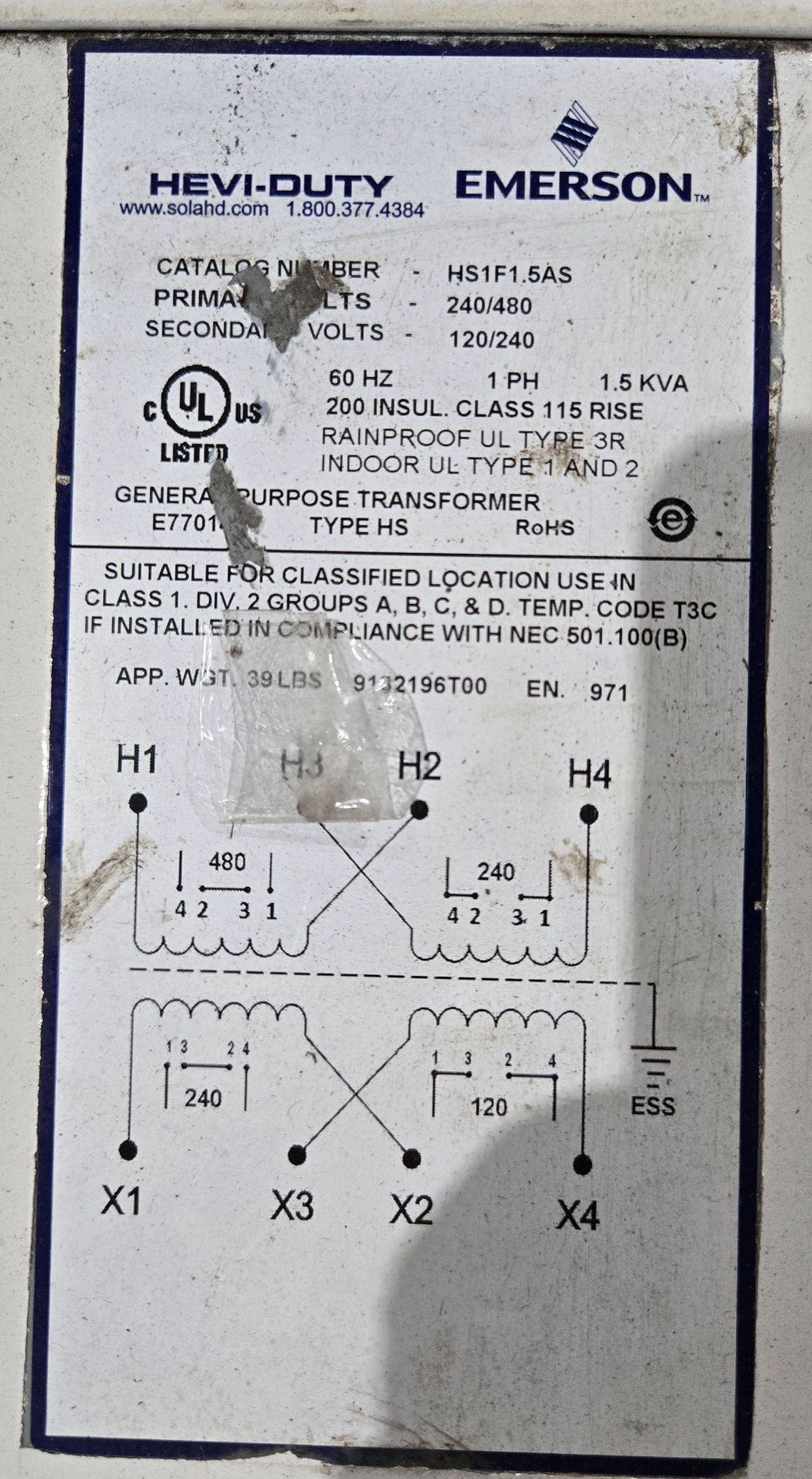 EMERSON HS1F1.5AS 240/480V 1.5KVA TRANSFORMER USED 1