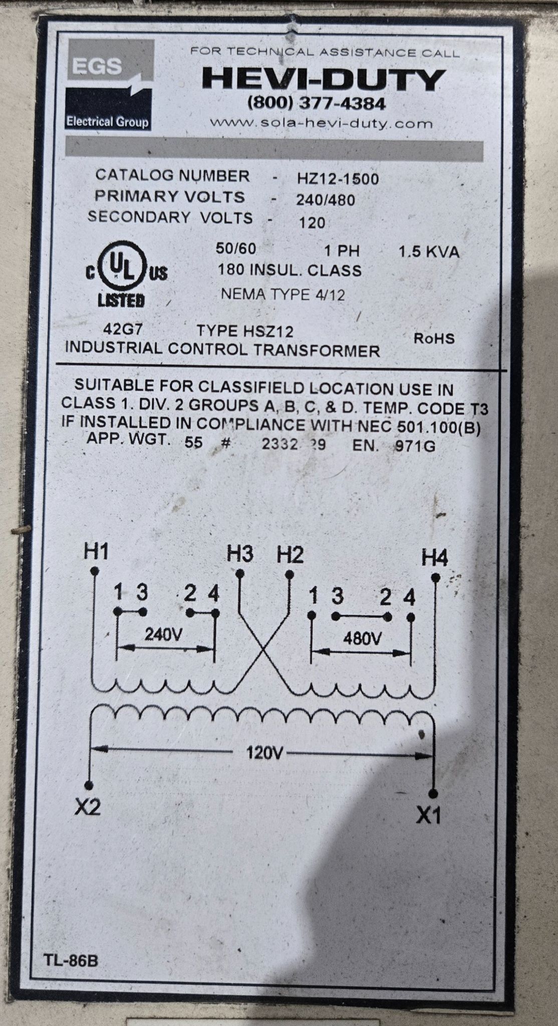 SOLA-HD EMERSON HZ12-1500 240/480V 1.5KVA TRANSFORMER USED 1