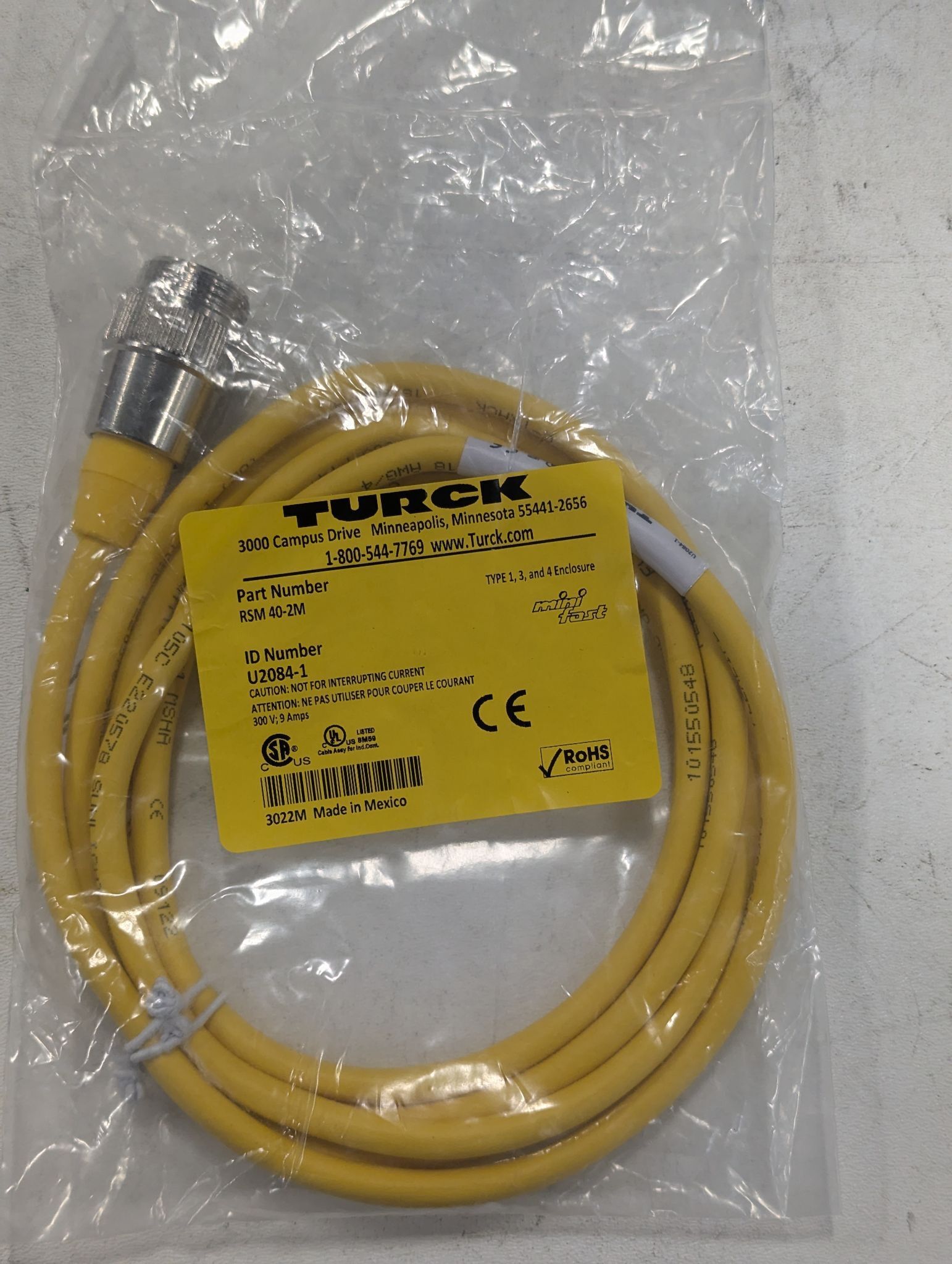 TURCK RSM 40-2M 7/8” Male, Straight, 4-pin 7/8″ Female, Straight NEW 0