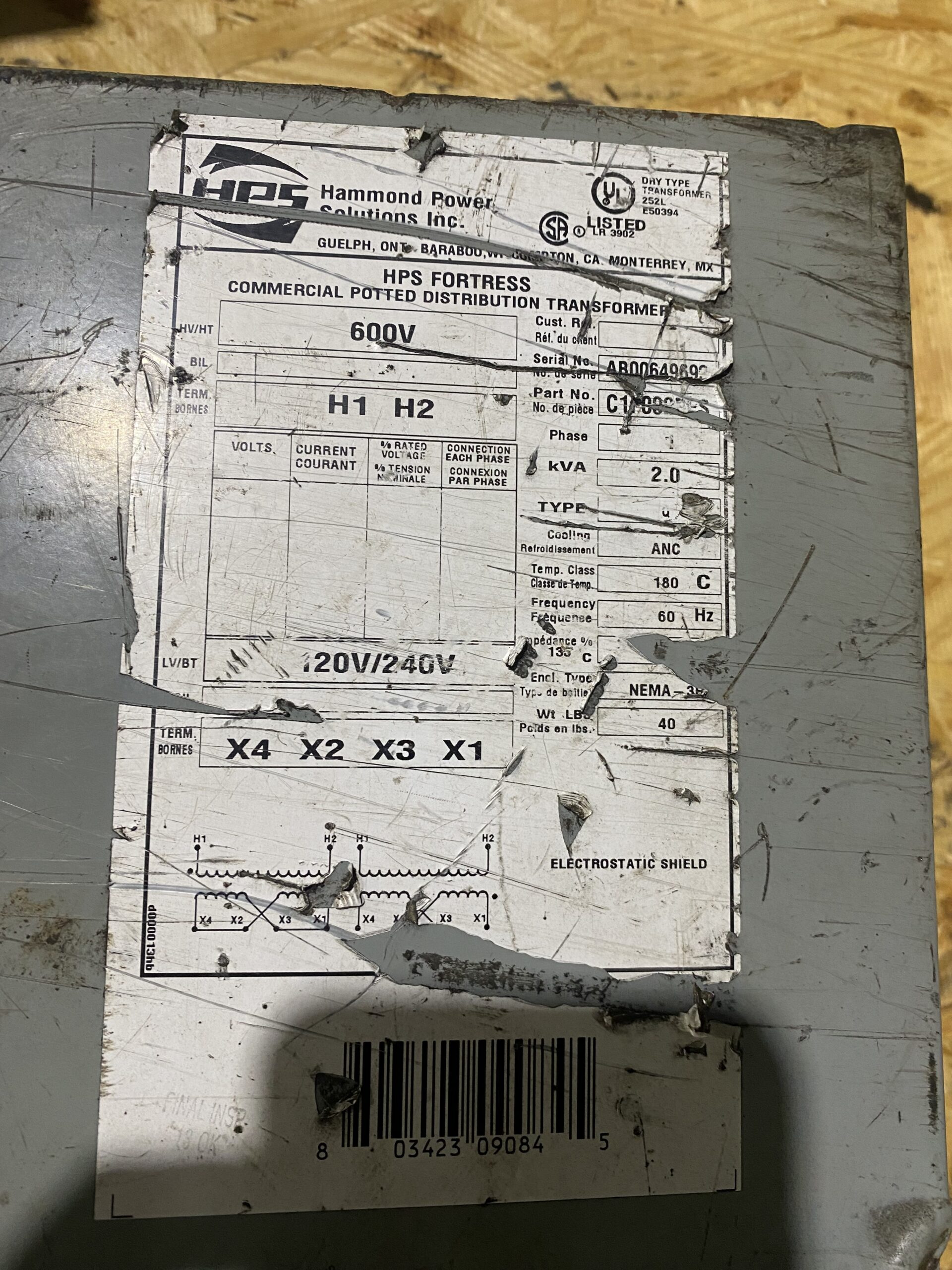 Hammond Power Solutions - C1F002PES Transformer 600V - 120/240V, 2kVA USED 1