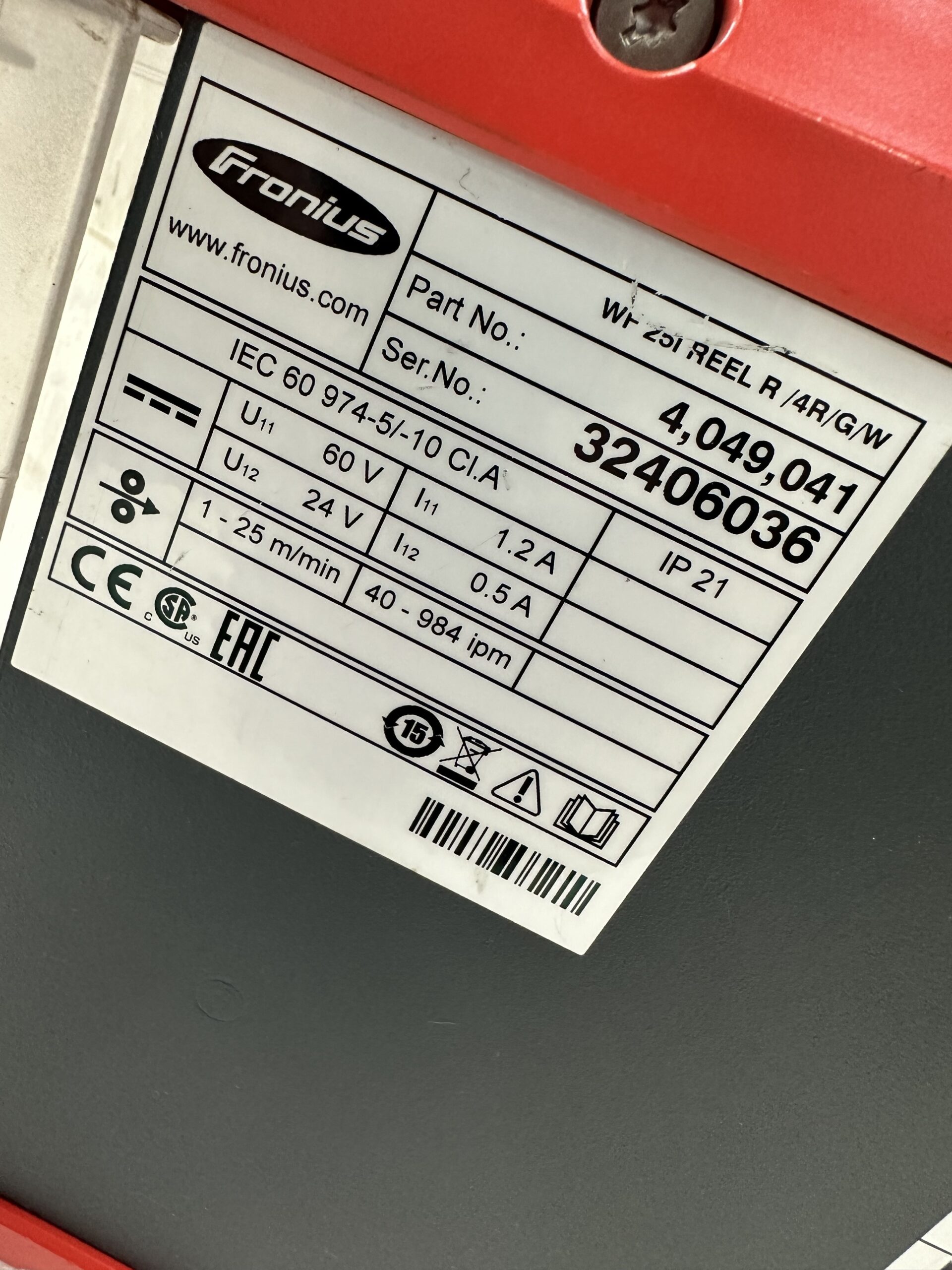 FRONIUS WIRE FEEDER MODEL WF 25I REEL R/4R/G/W 4049041 USED 1