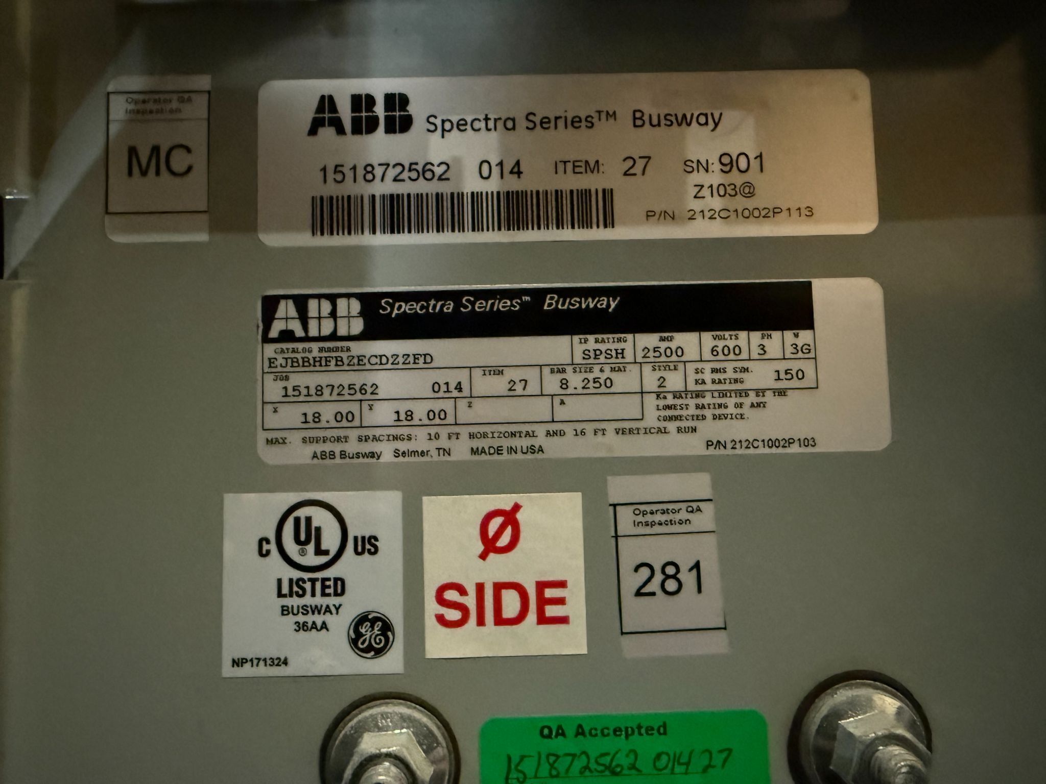 ABB 2500A Spectra Series Copper Flat Elbow (Right) 600V, 3PH, 3G NEW 3
