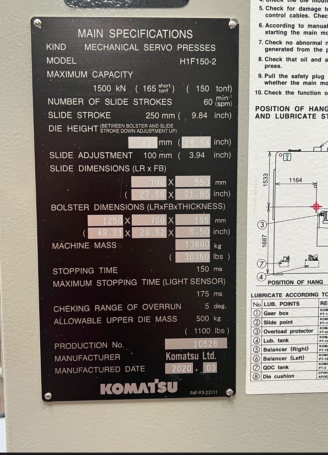 2020 KOMATSU H1F150-2 SERVO PRESS USED 8