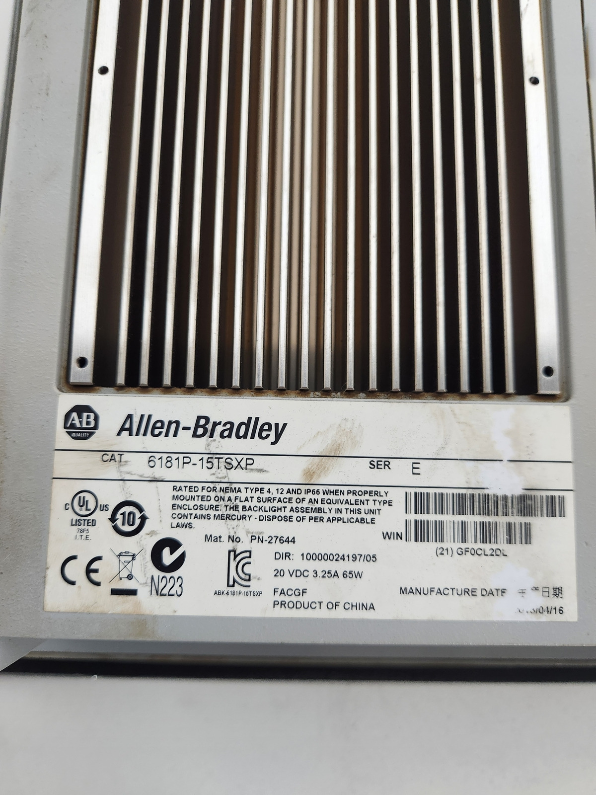 ALLEN BRADLEY VERSAVIEW 1500P 6181P-15TSXP/E WORKING USED 2