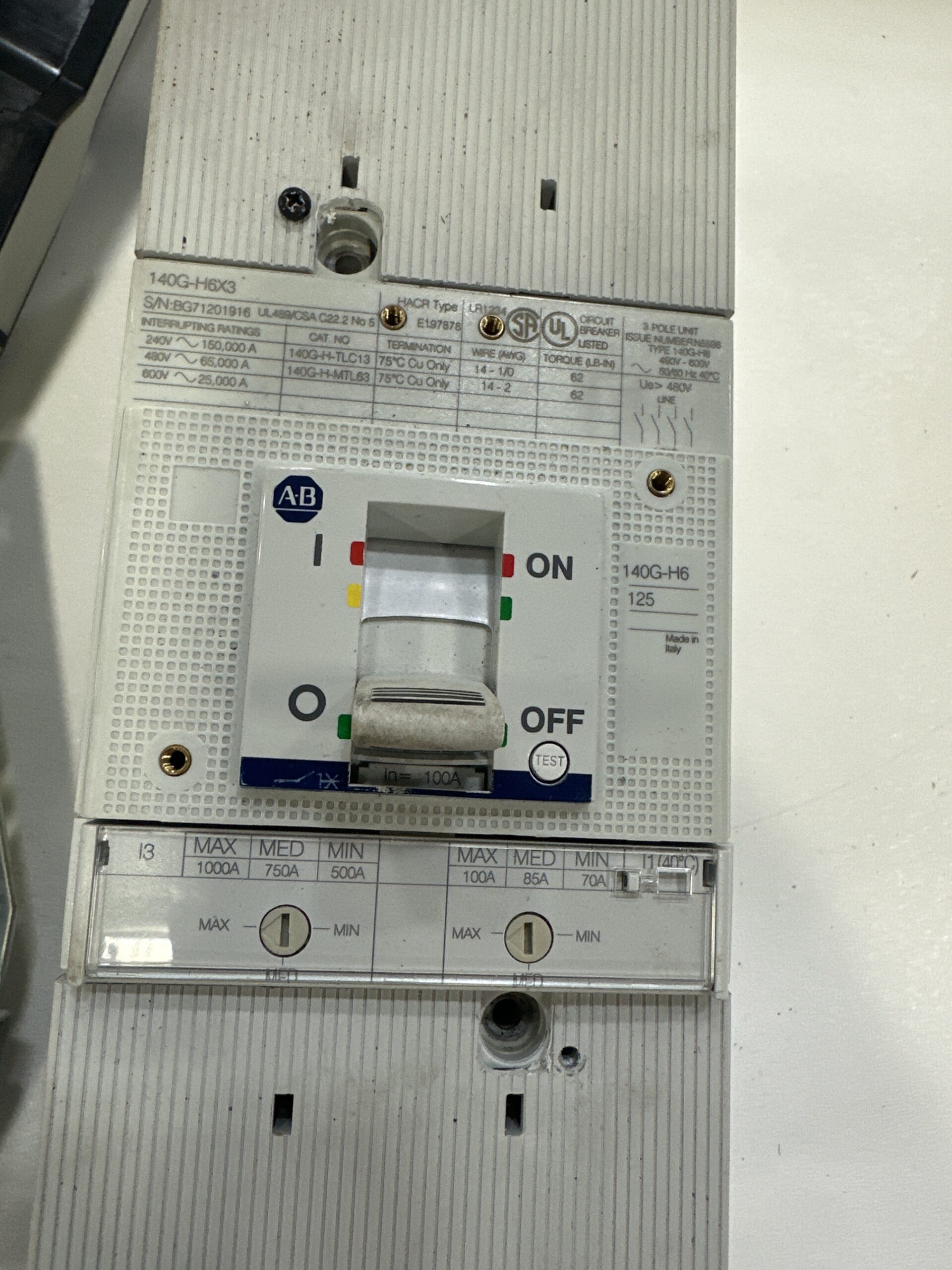 ALLEN BRADLEY 140G-H6F3-D10-KJ/140G-H-FMX03 / A Circuit Breaker USED 1