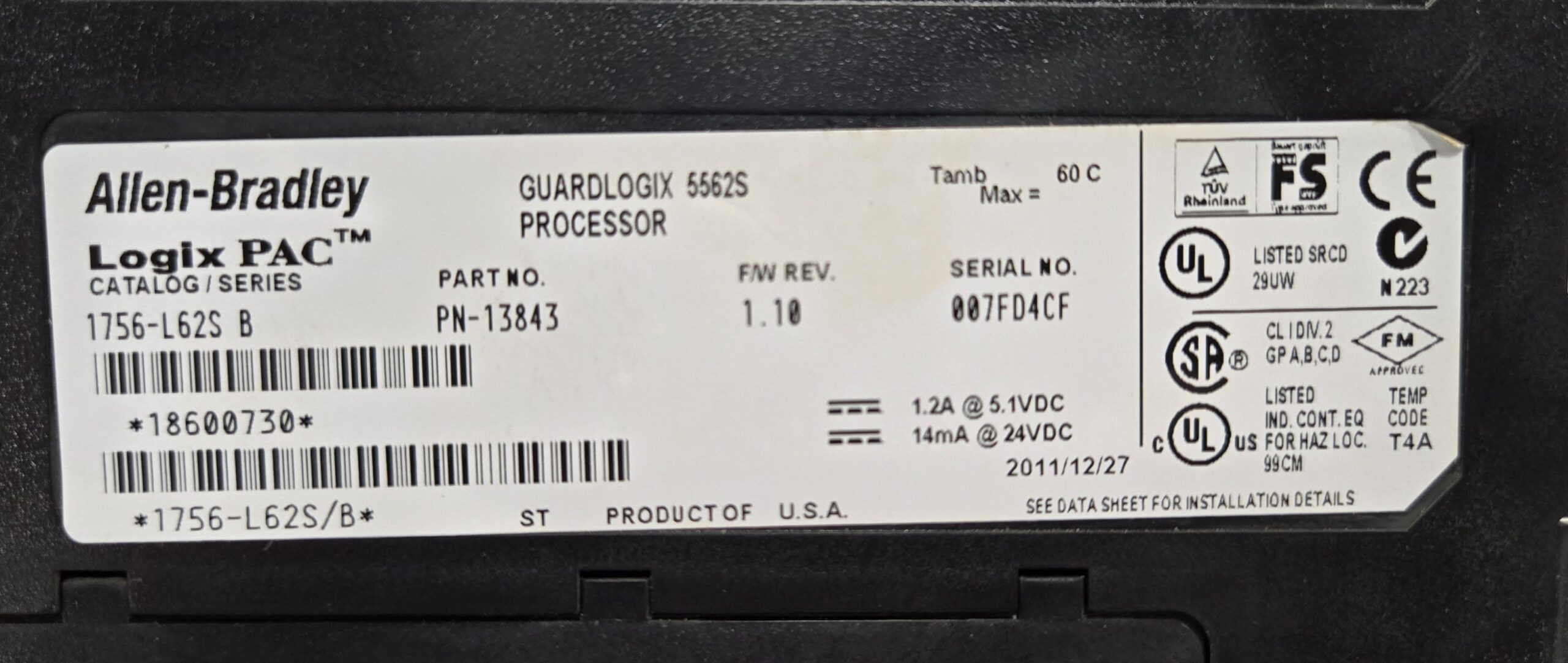 ALLEN BRADLEY 1756-L62S SERIES B PLC PROCESSOR USED 4