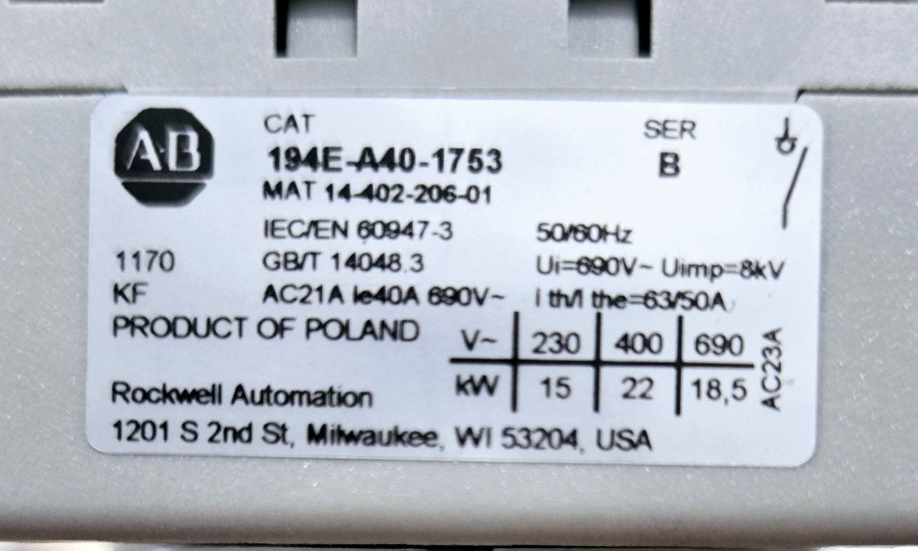 ALLEN BRADLEY 194E-A40-1753 LOAD SWITCH USED 3