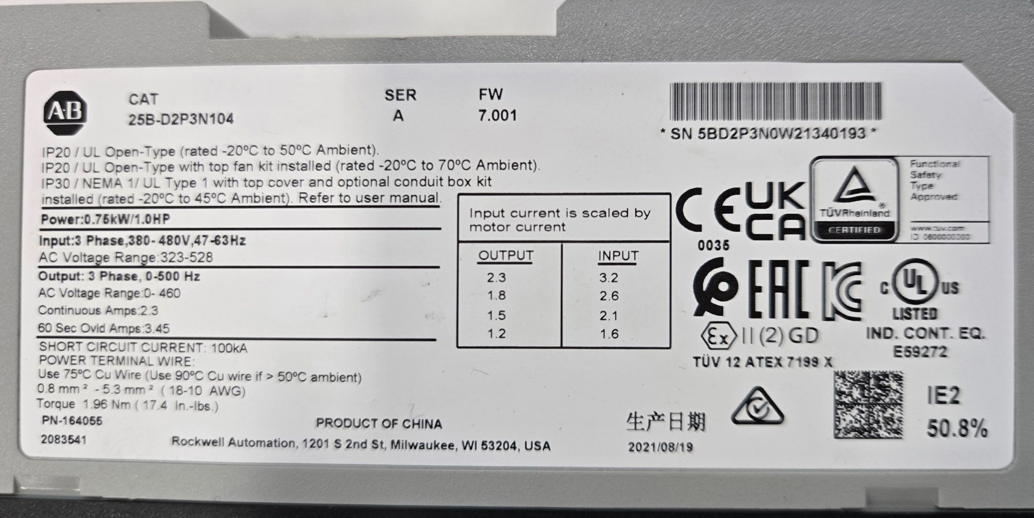 ALLEN BRADLEY 25B-D2P3N104 AC DRIVE SER A USED 3