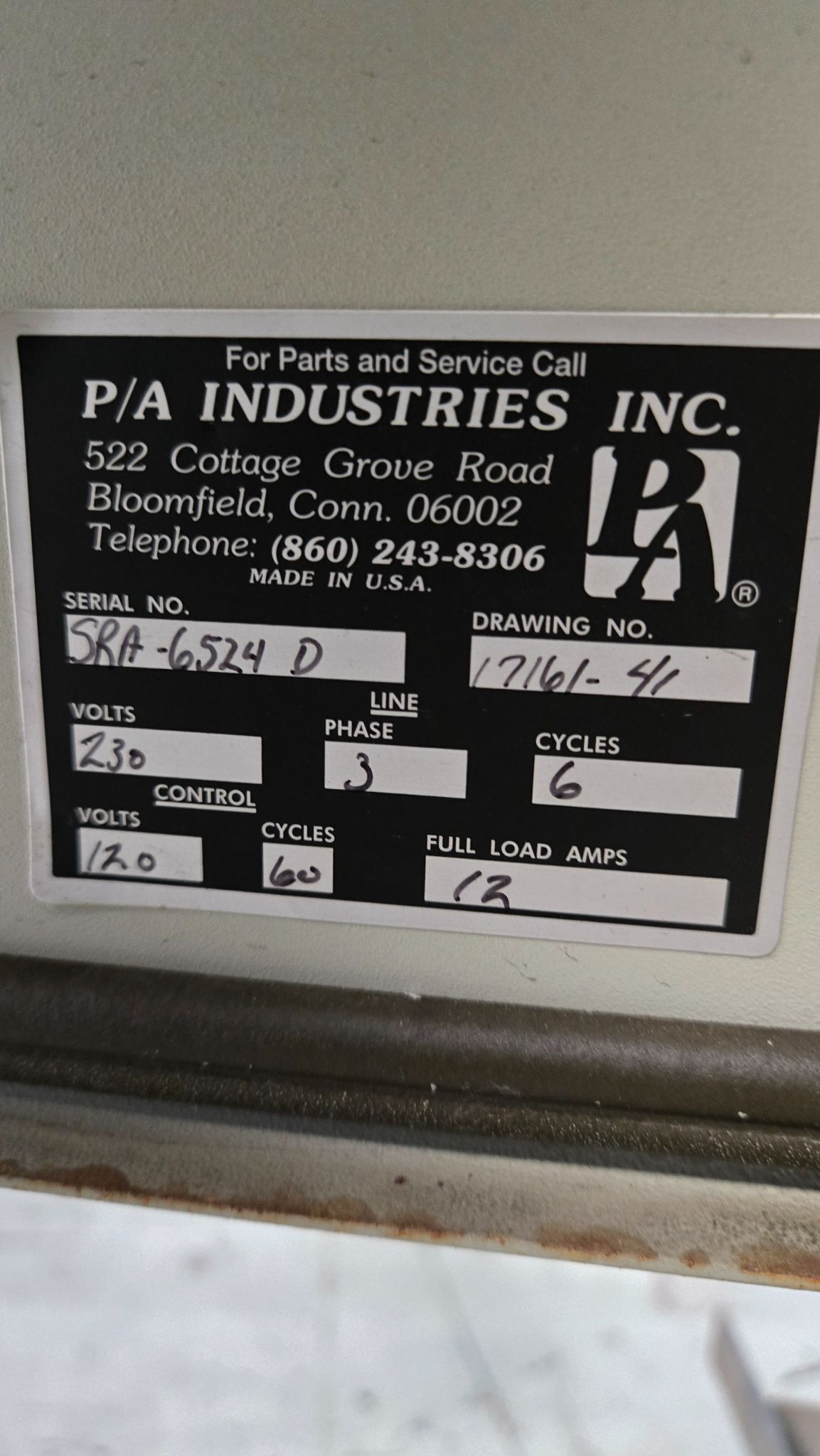 PA INDUSTRIES DECOILER 230V 3 PH 6 CYCLES USED 7