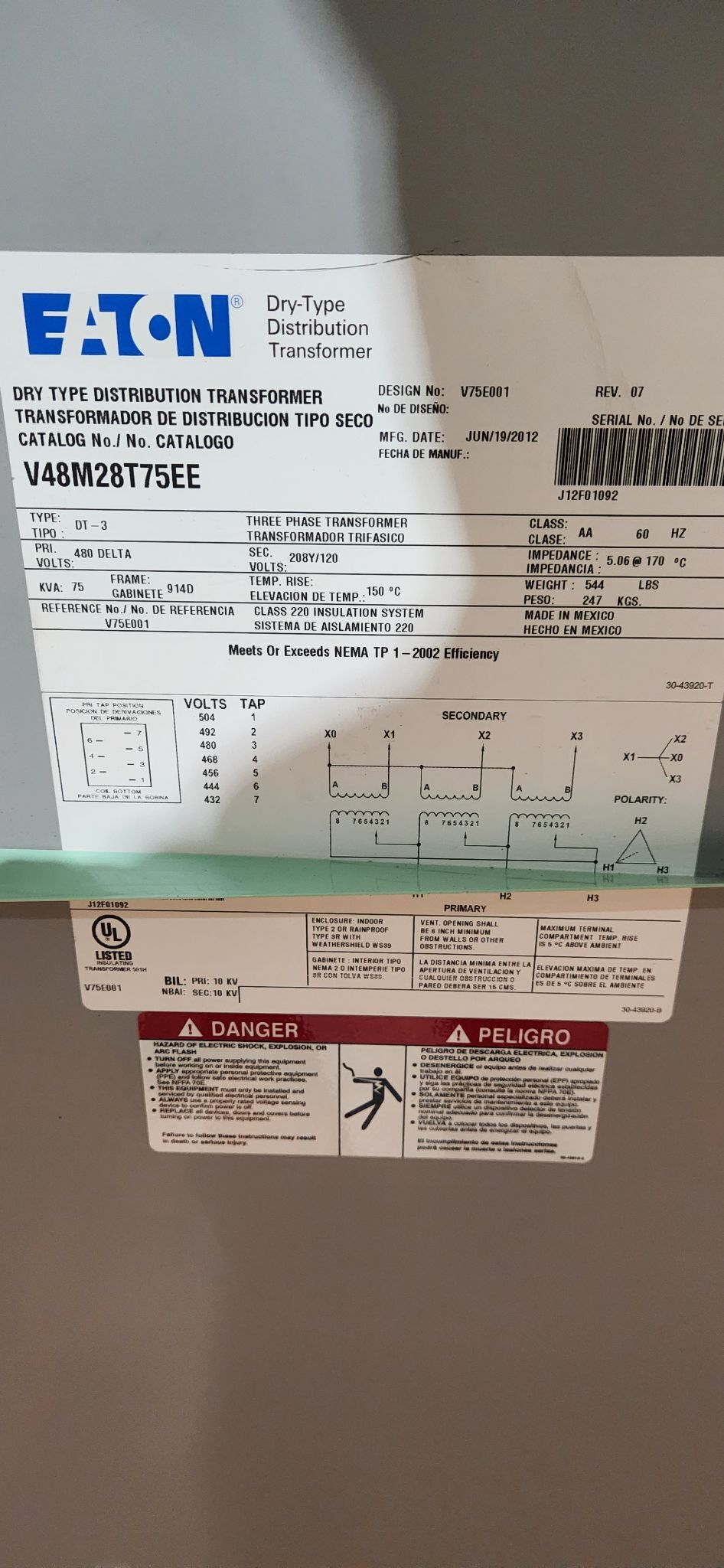 EATON DRY TYPE TRANSFORMER V48M28T75EE 75 KVA NEW 1
