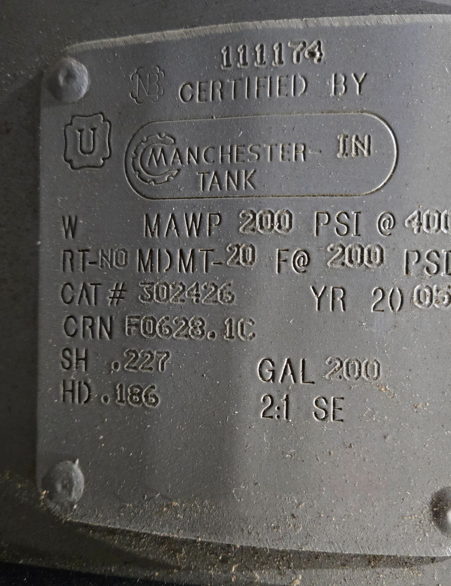MANCHESTER RECEIVER TANK 302426 200 GALLON 200PSI AIR TANK USED 6