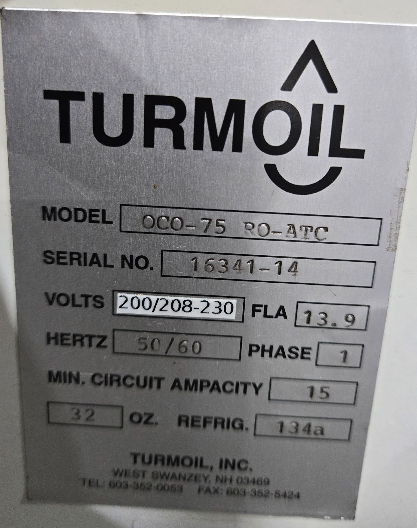 TURMOIL OCO-75 RO-ATC OIL CHILLER 208/230V 1 PH USED 5