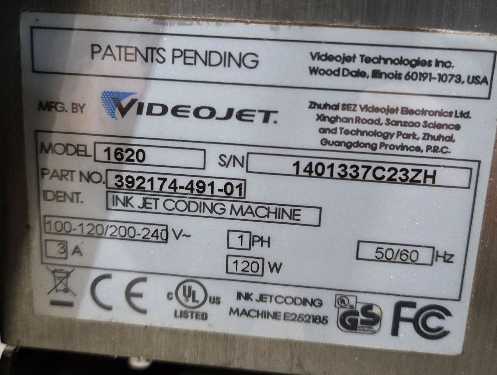 VIDEOJET 1620 CONTINUOUS INKJET PRINTER USED 6