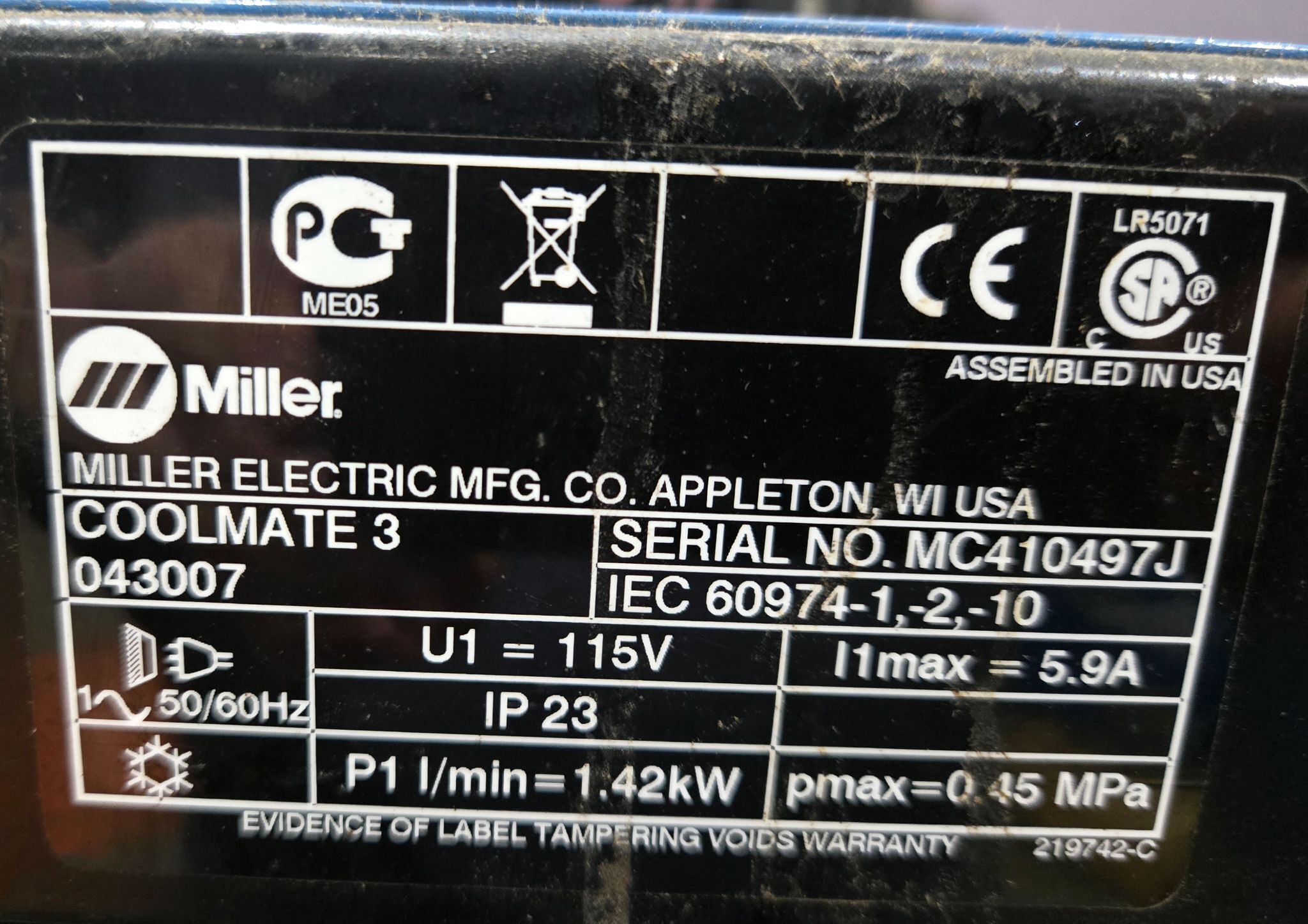 MILLER COOLMATE 3 WATER COOLANT SYSTEM 3GALLON 500AMP USED 5