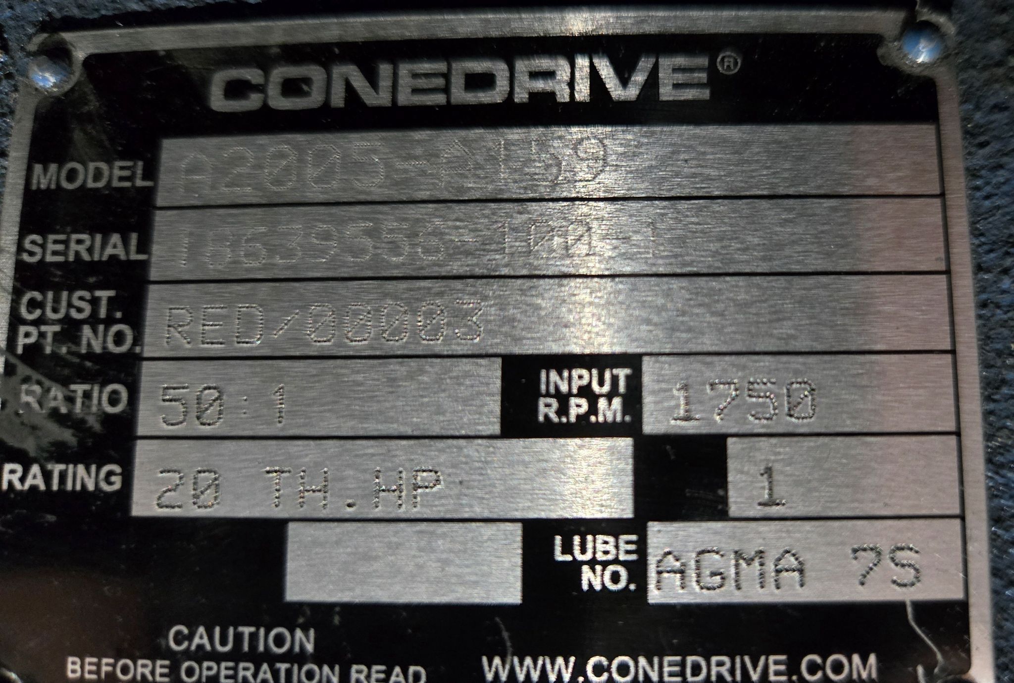 CONEDRIVE A2005-A159 50:1 RATIO 1750RPM GEARBOX USED 5