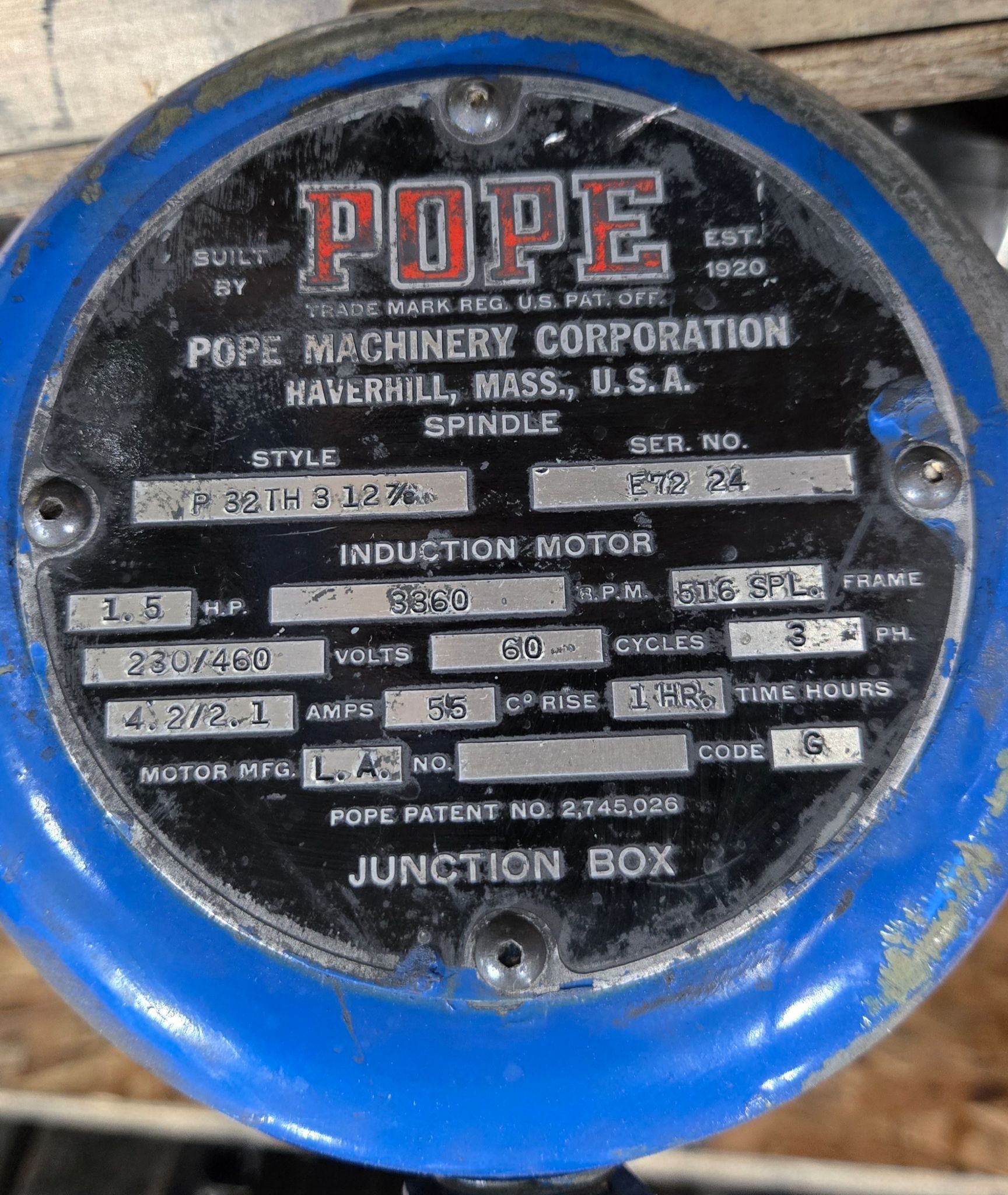 POPE P 32TH3 12 7/8 SPINDLE MOTOR PARTS ONLY 3