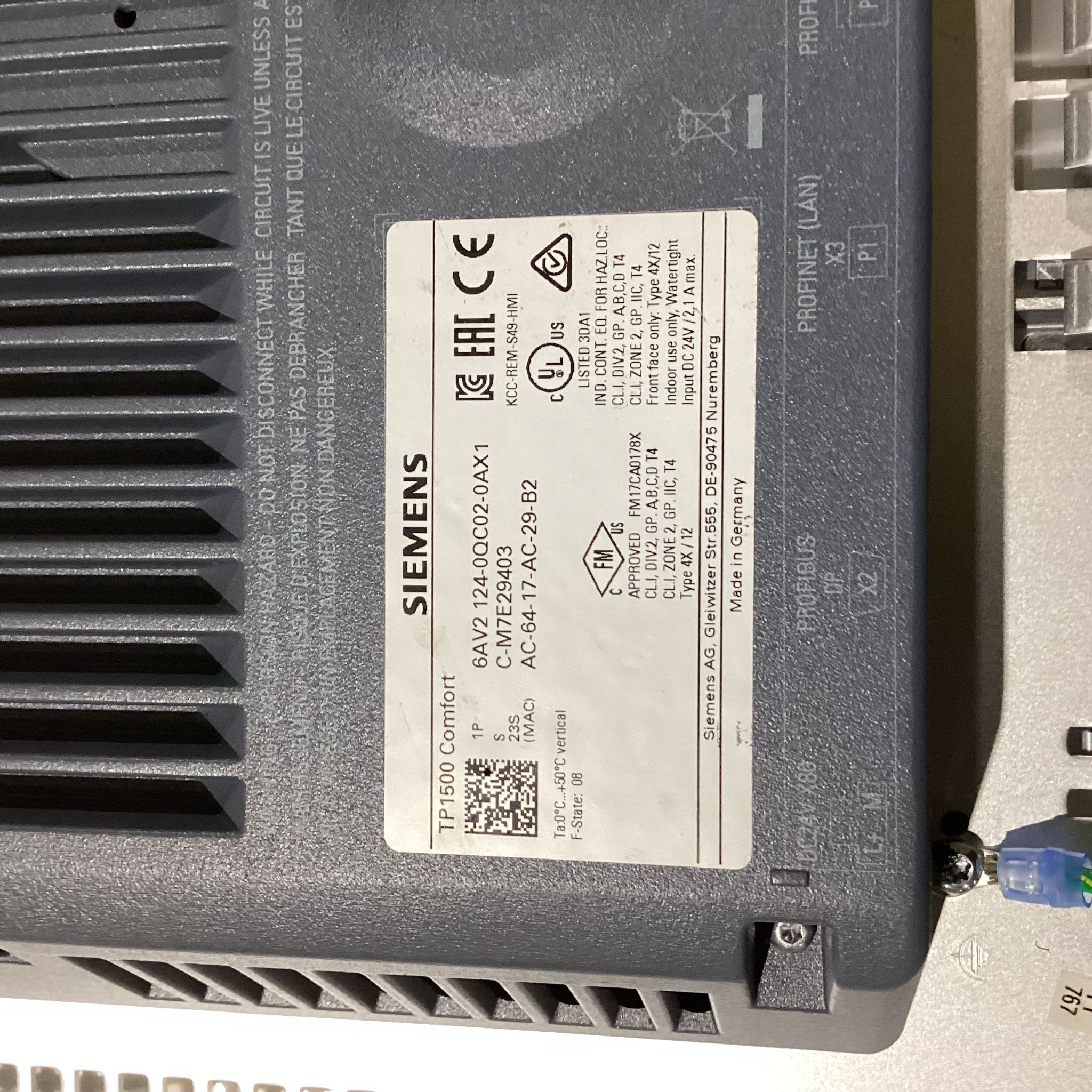 SIEMENS 6AV2124-0QC02-0AX1 SIMATIC TP1500 Comfort HMI USED 1